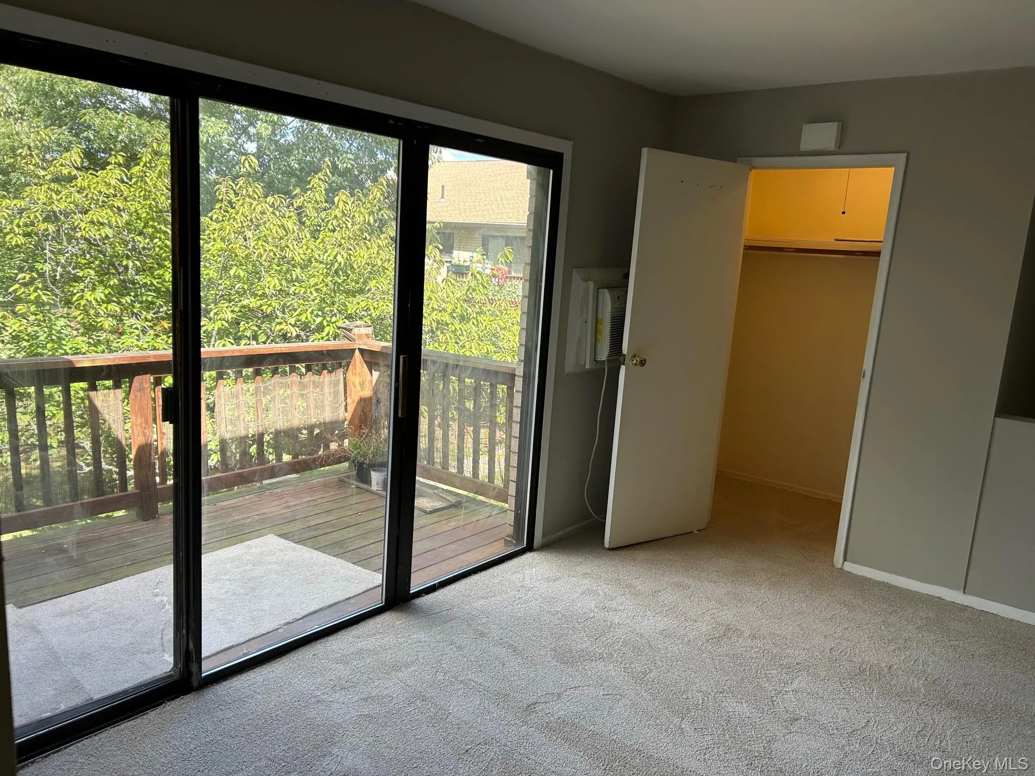 Unfurnished bedroom with access to exterior, a walk in closet, and light carpet Unfurnished bedroom with access to exterior, a walk in closet, and light carpet