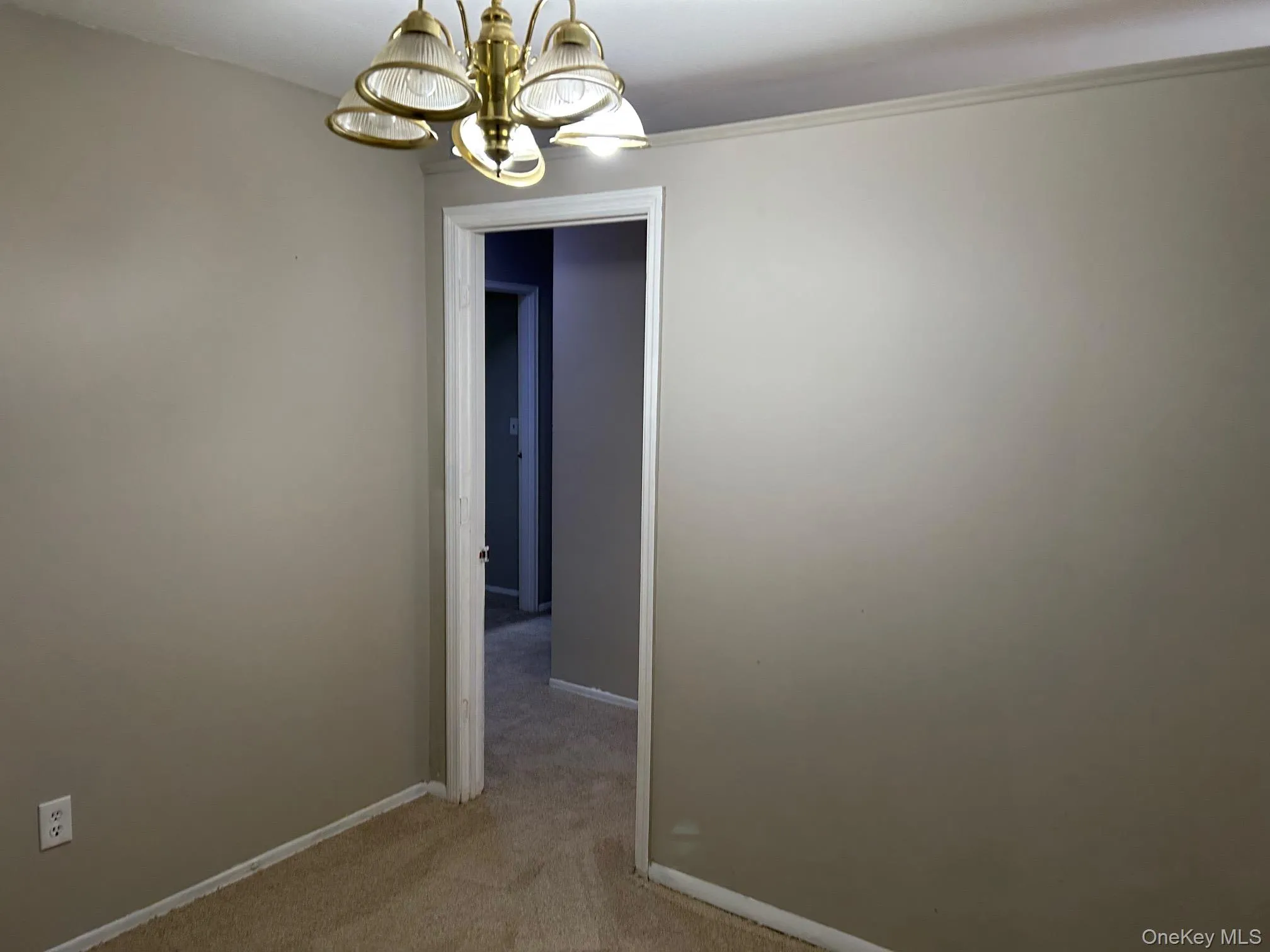 Corridor featuring light colored carpet and a chandelier Corridor featuring light colored carpet and a chandelier