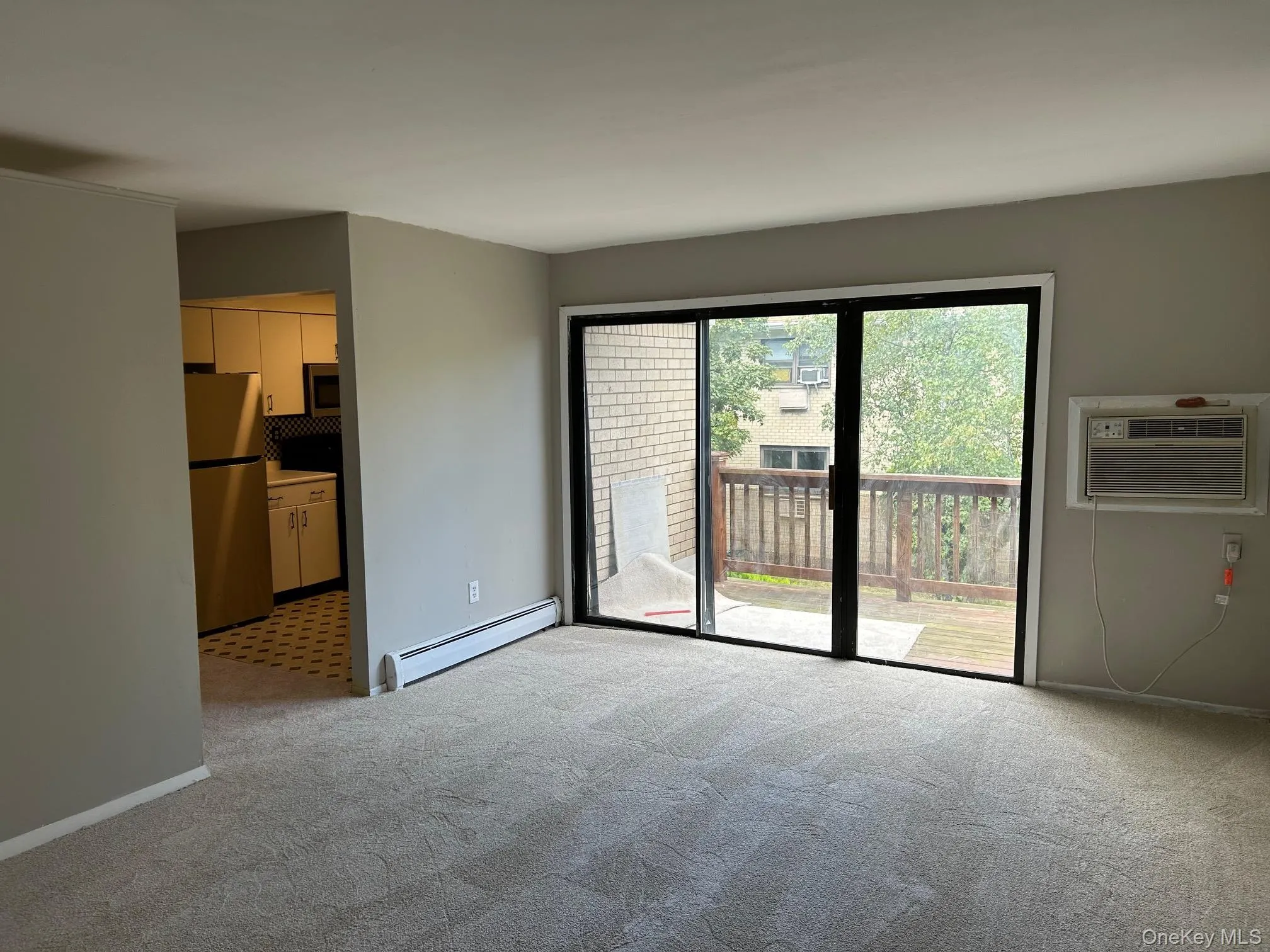 Unfurnished living room featuring a baseboard heating unit, light carpet, and a wall unit AC Unfurnished living room featuring a baseboard heating unit, light carpet, and a wall unit AC