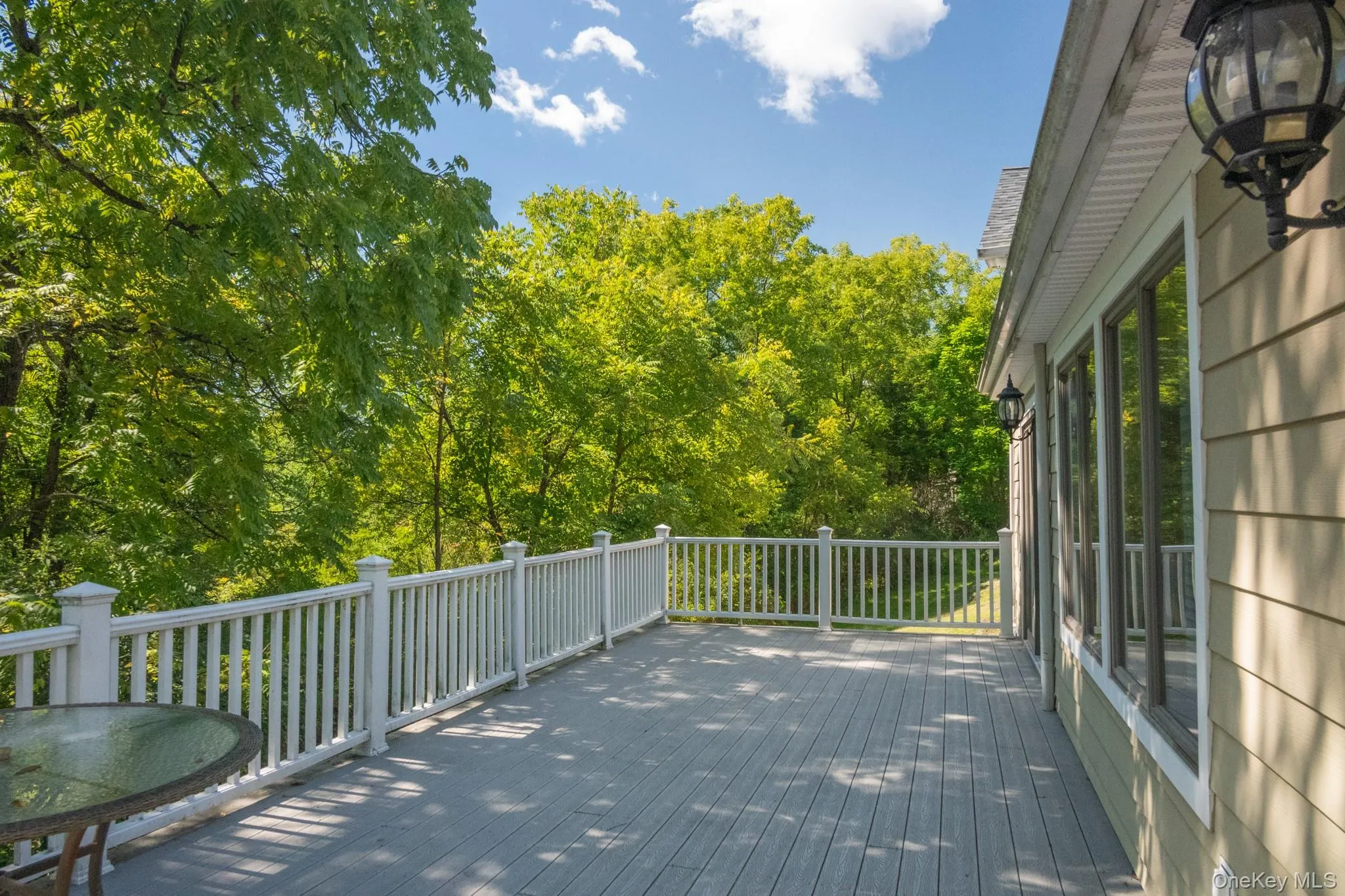 Expansive outdoor deck with composite decking and white railings Expansive outdoor deck with composite decking and white railings