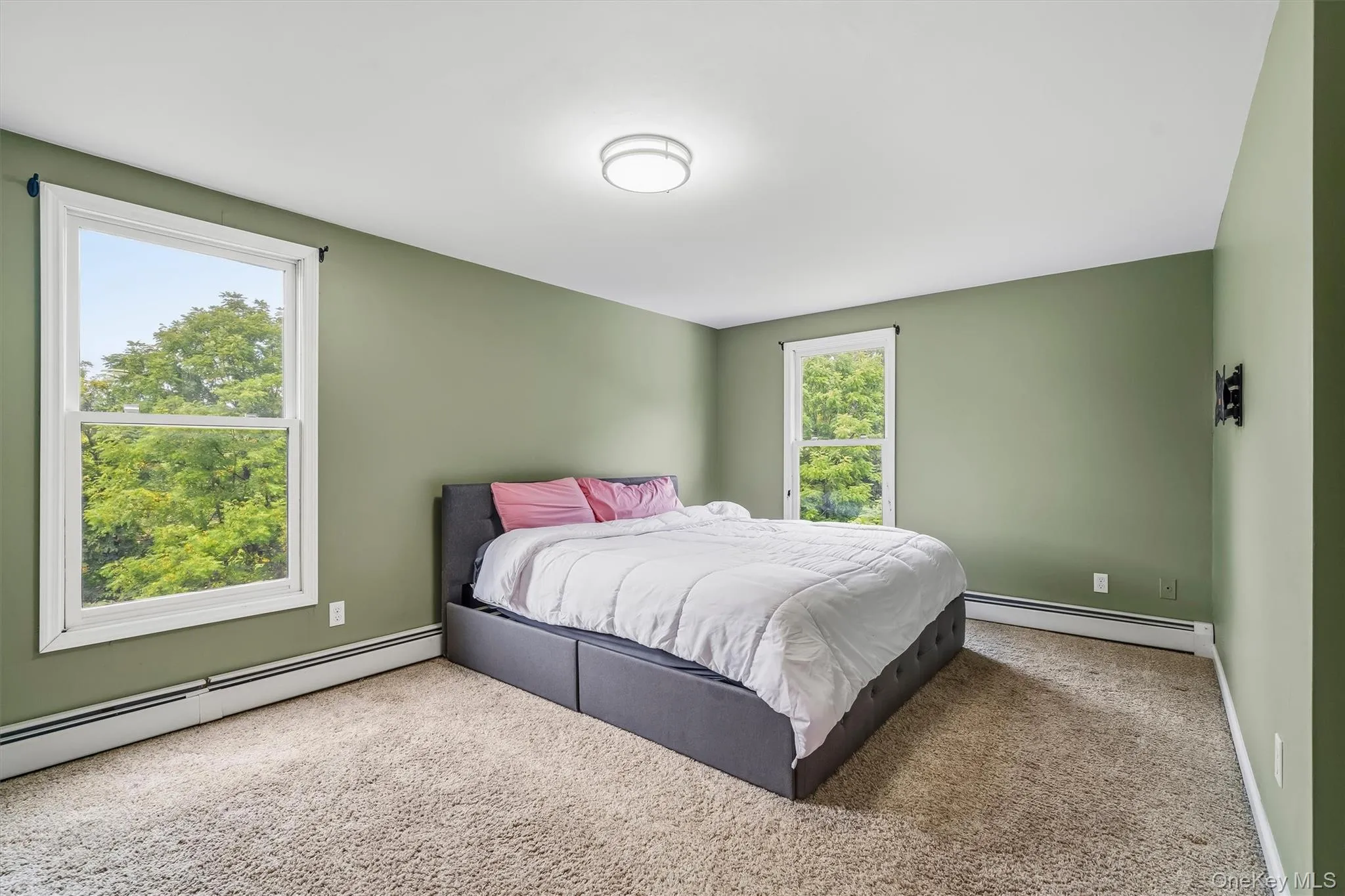 Carpeted flooring, two windows with white trim, and a ceiling-mounted light fixture Carpeted flooring, two windows with white trim, and a ceiling-mounted light fixture
