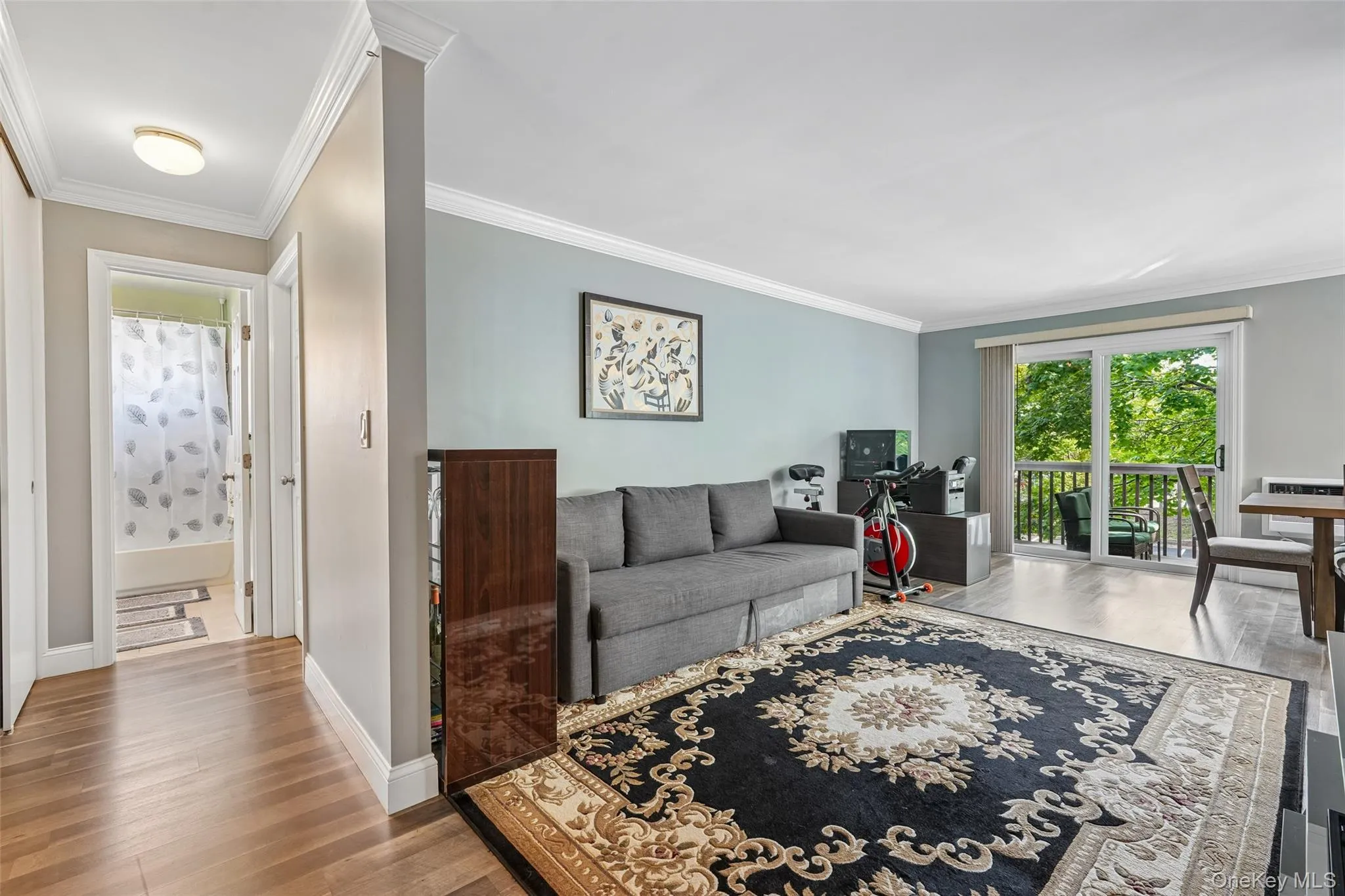 Hardwood-style flooring, crown molding, sliding glass doors to a balcony, and a full bathroom with a shower-over-tub configuration Hardwood-style flooring, crown molding, sliding glass doors to a balcony, and a full bathroom with a shower-over-tub configuration