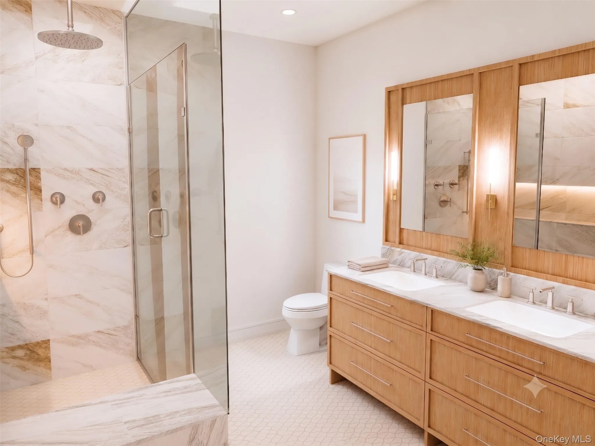 The primary en suite bathroom features marble and porcelain Ann Sacks tiles, Kohler fixtures, double sinks, heated flooring, and white oak custom cabinetry with Ann Sacks marble countertop. The primary en suite bathroom features marble and porcelain Ann Sacks tiles, Kohler fixtures, double sinks, heated flooring, and white oak custom cabinetry with Ann Sacks marble countertop.