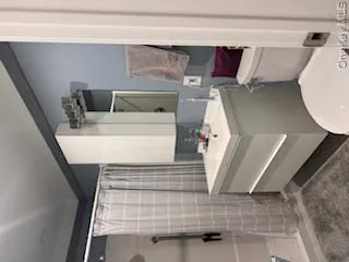 Lower level Bathroom featuring vanity, curtained shower, and toilet Lower level Bathroom featuring vanity, curtained shower, and toilet