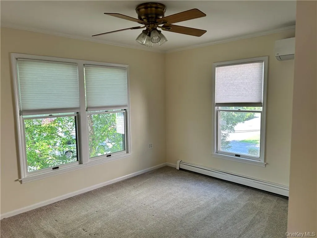 Carpeted spare room featuring a baseboard heating unit, a wall unit AC, ceiling fan, and ornamental molding Carpeted spare room featuring a baseboard heating unit, a wall unit AC, ceiling fan, and ornamental molding