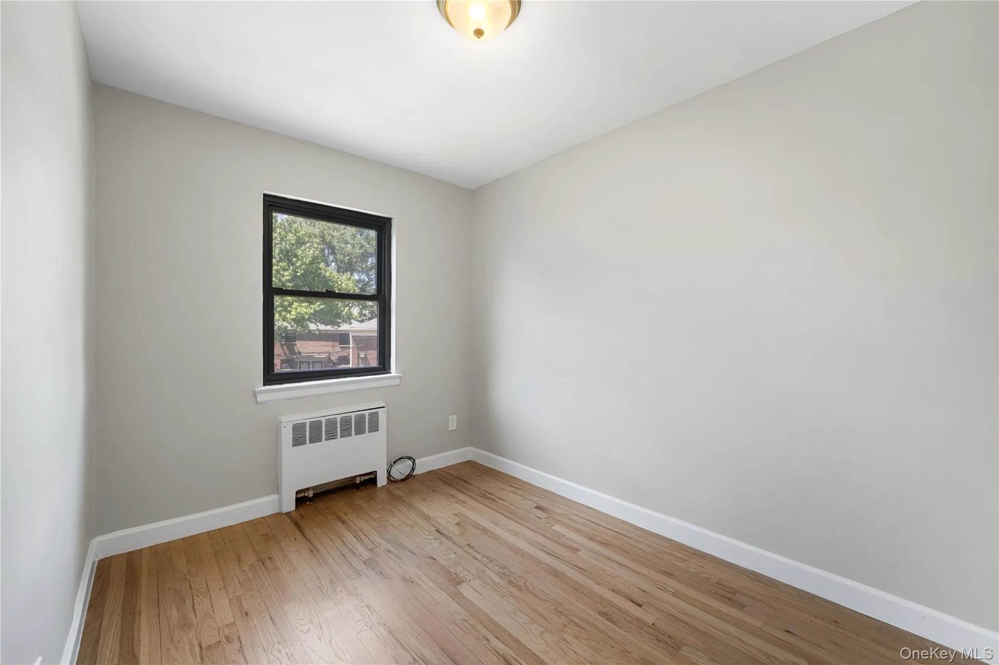 Wood-finish flooring, single window with dark framing, white baseboards, wall-mounted radiator, and a flush mount ceiling light fixture Wood-finish flooring, single window with dark framing, white baseboards, wall-mounted radiator, and a flush mount ceiling light fixture