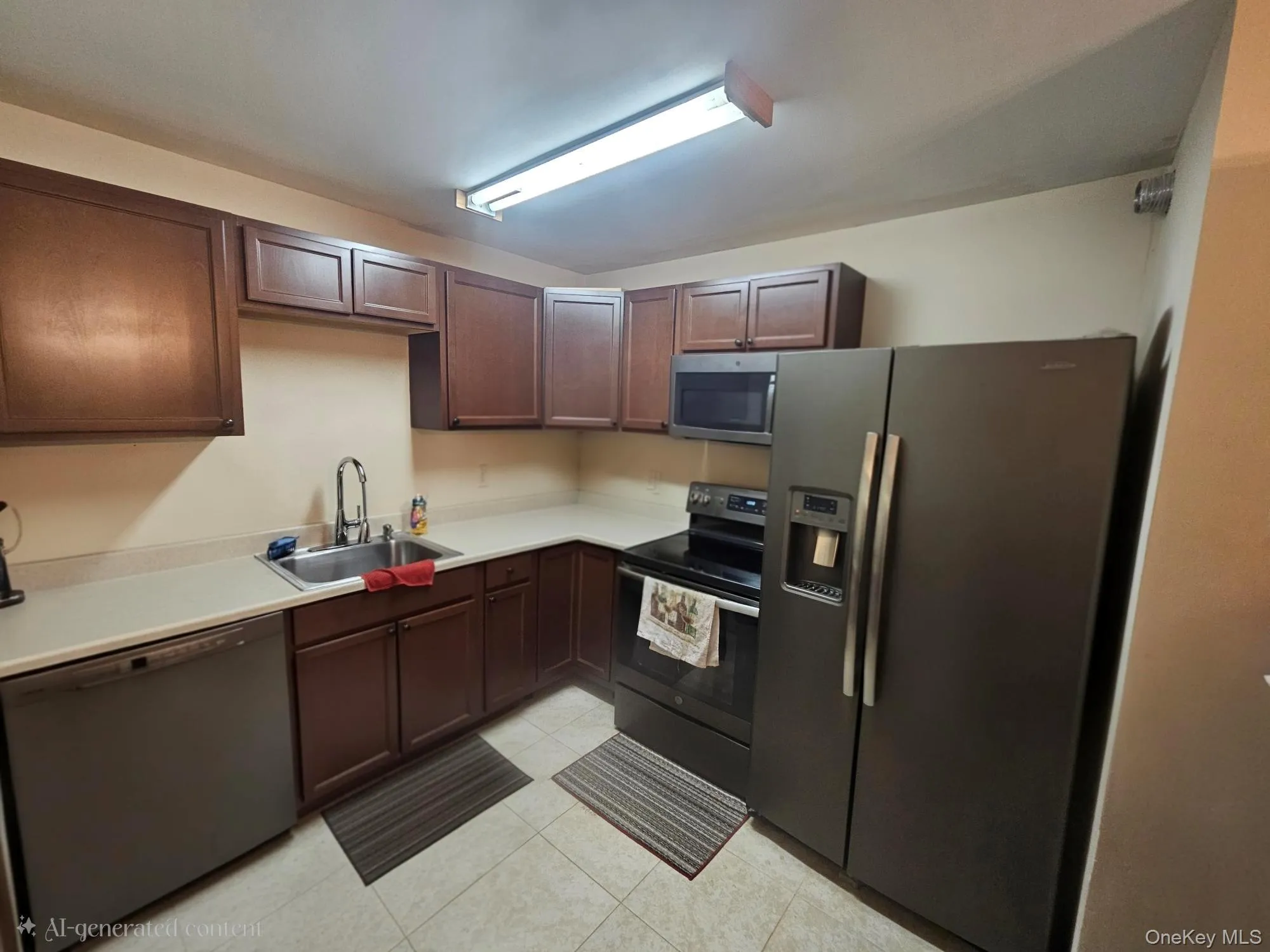Kitchen featuring wood-finish cabinetry, solid surface countertops, a stainless steel sink, and tile flooring Kitchen featuring wood-finish cabinetry, solid surface countertops, a stainless steel sink, and tile flooring