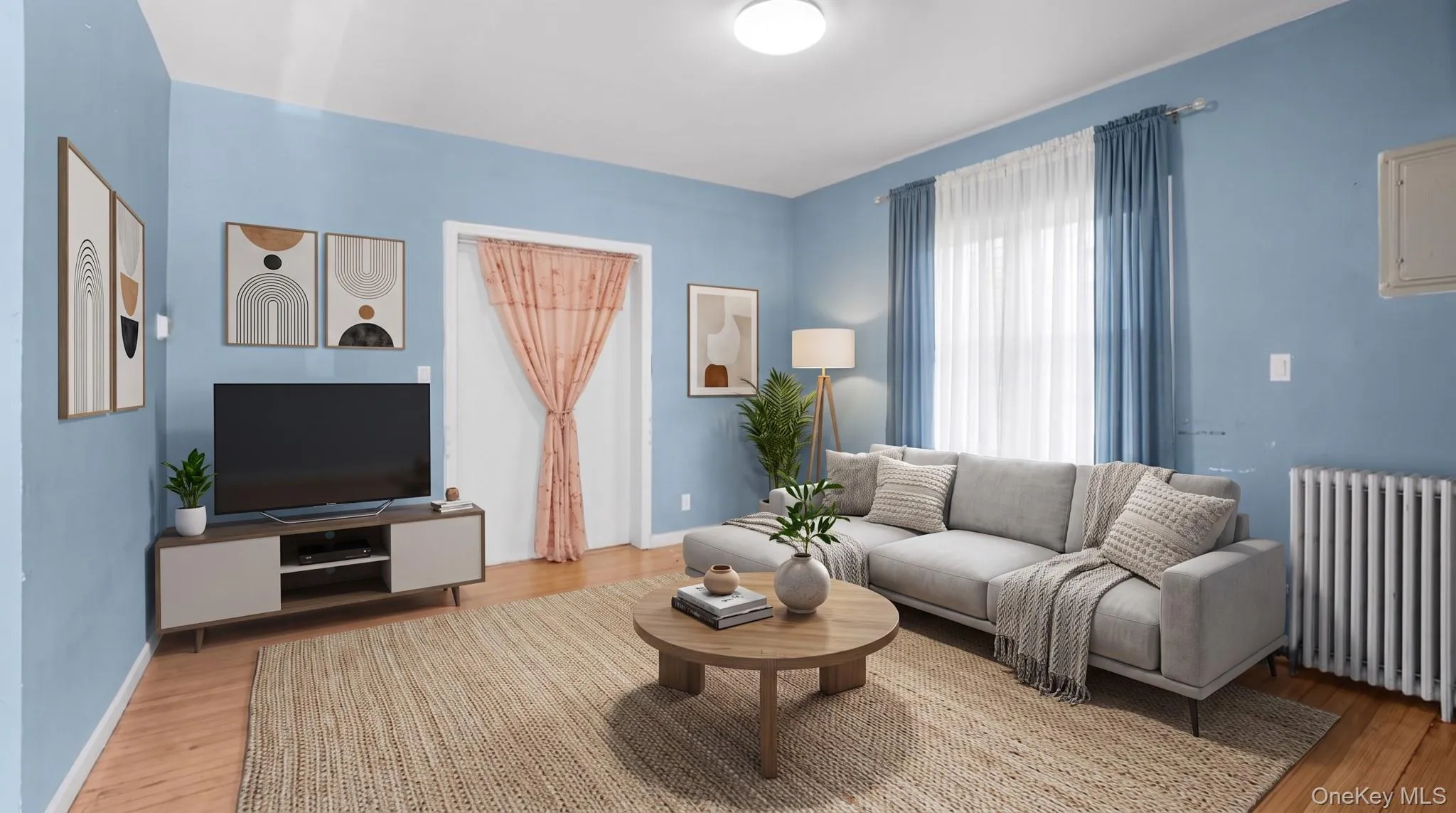 Wood-finish flooring with a flush-mount ceiling light Wood-finish flooring with a flush-mount ceiling light