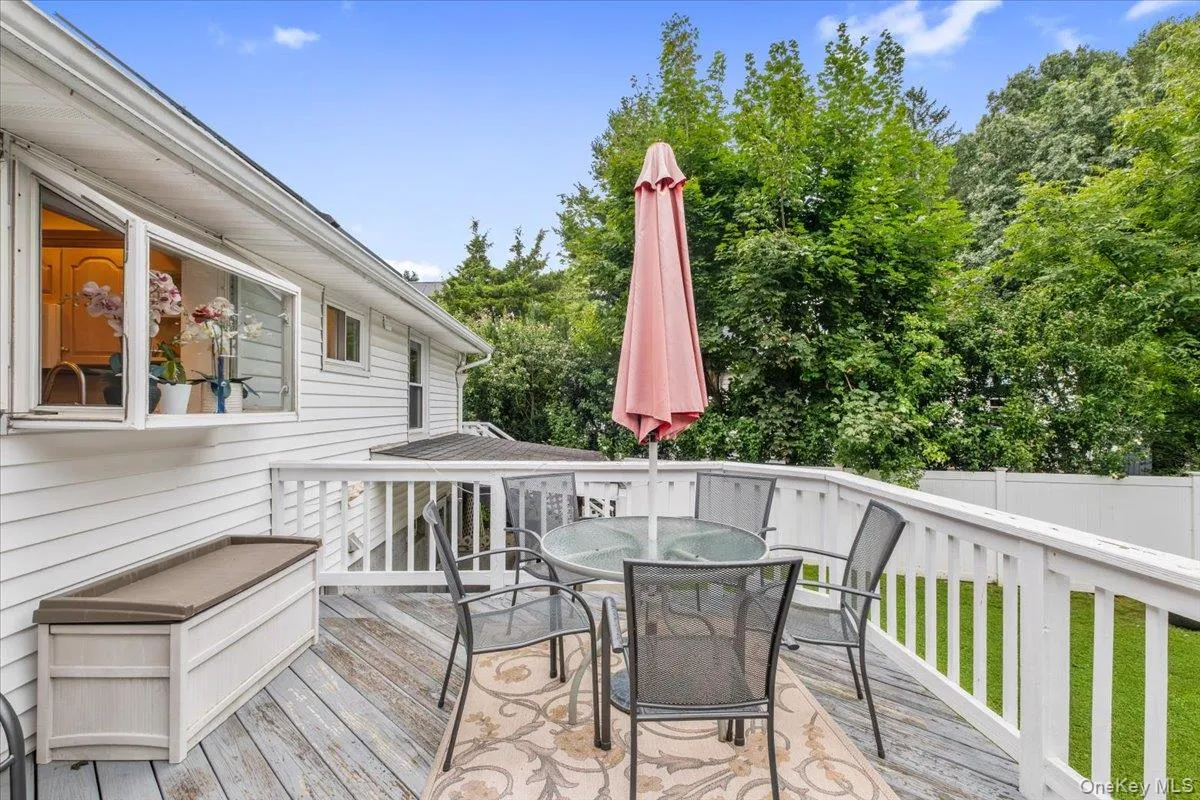 Lovely deck with sliding glass doors to kitchen; ideal for entertaining. Lovely deck with sliding glass doors to kitchen; ideal for entertaining.