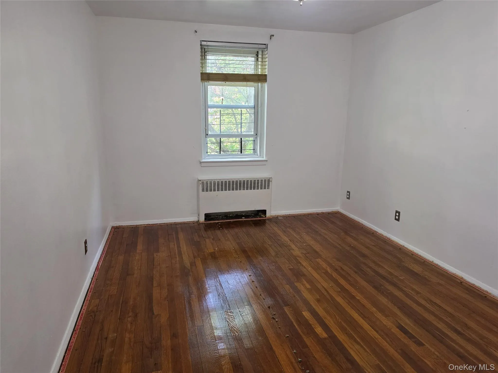 Room featuring wood-finish flooring, a double-hung window with blinds, and a baseboard heating unit Room featuring wood-finish flooring, a double-hung window with blinds, and a baseboard heating unit
