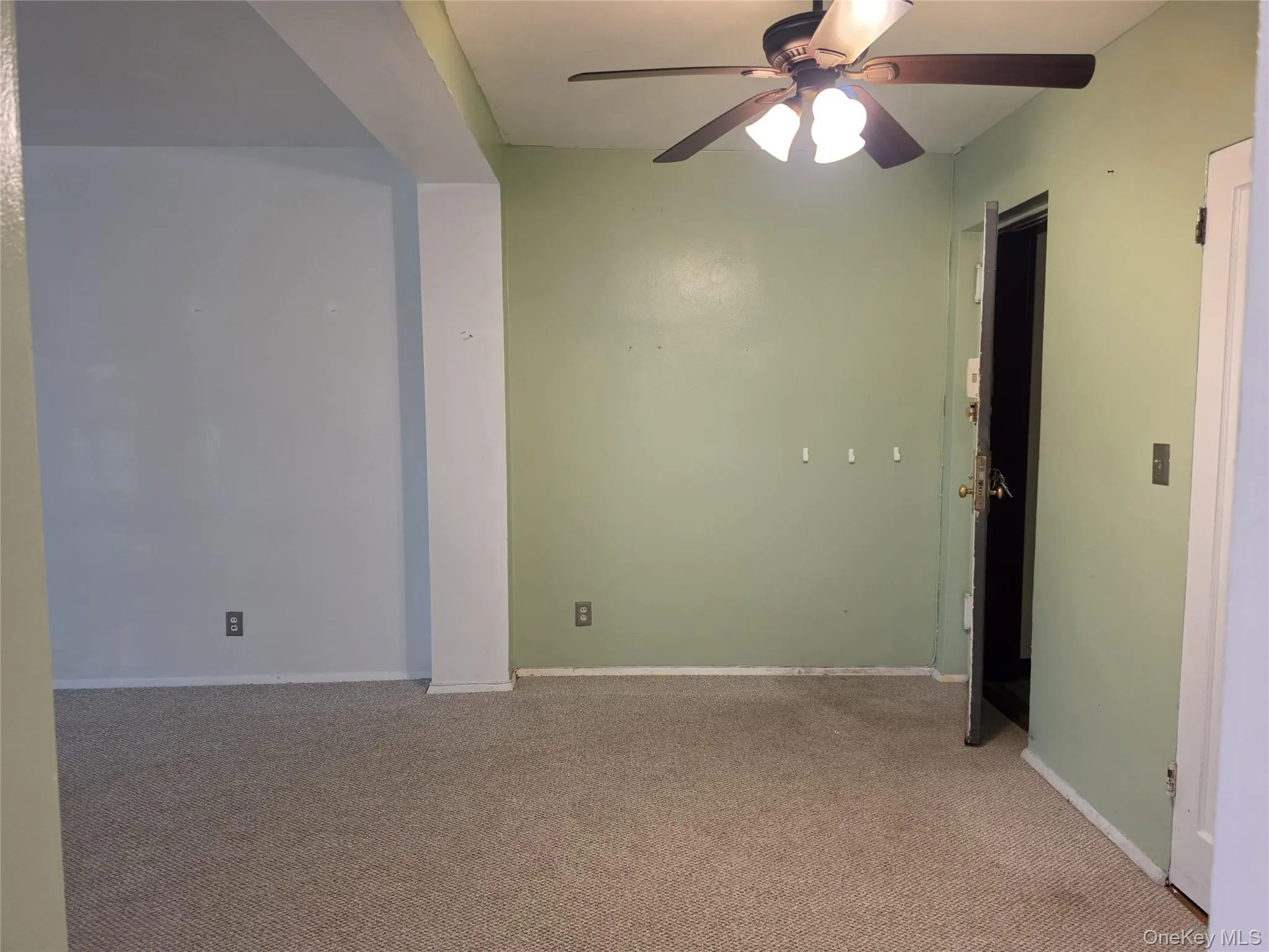 Carpeted interior space with a ceiling fan light fixture and a framed doorway Carpeted interior space with a ceiling fan light fixture and a framed doorway