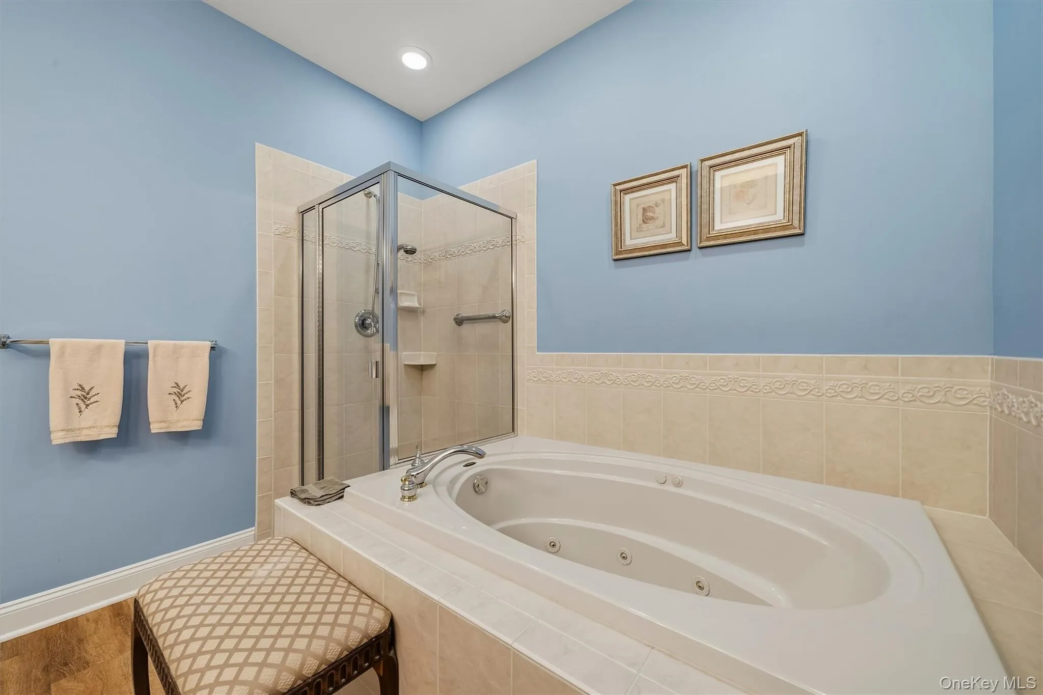 Built-in soaking tub, tiled surround, glass-enclosed shower, wall-mounted towel bar, and recessed lighting Built-in soaking tub, tiled surround, glass-enclosed shower, wall-mounted towel bar, and recessed lighting