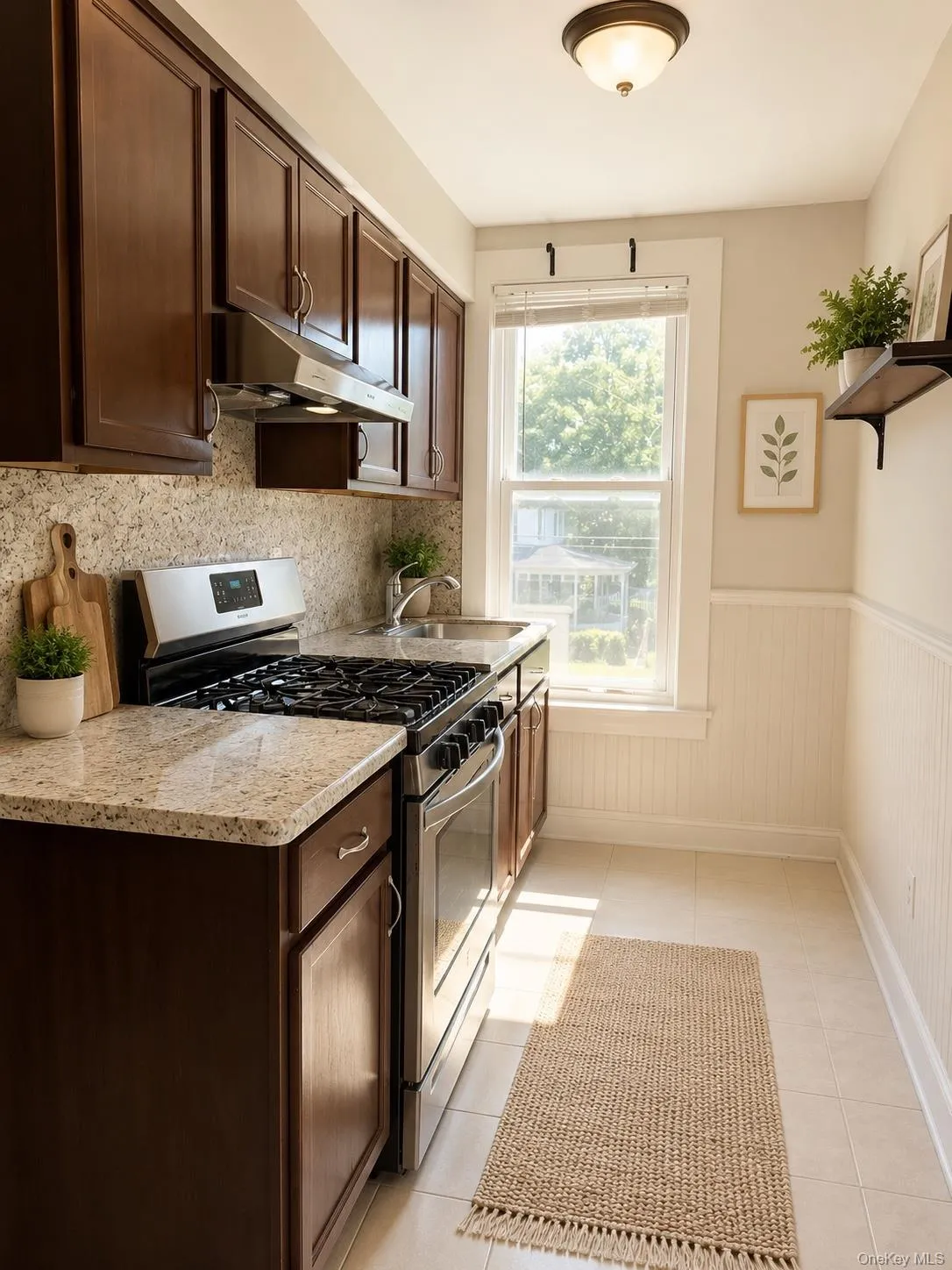 Kitchen featuring dark wood-finish cabinetry, light-toned countertops, a stainless steel gas range, and a single window Kitchen featuring dark wood-finish cabinetry, light-toned countertops, a stainless steel gas range, and a single window