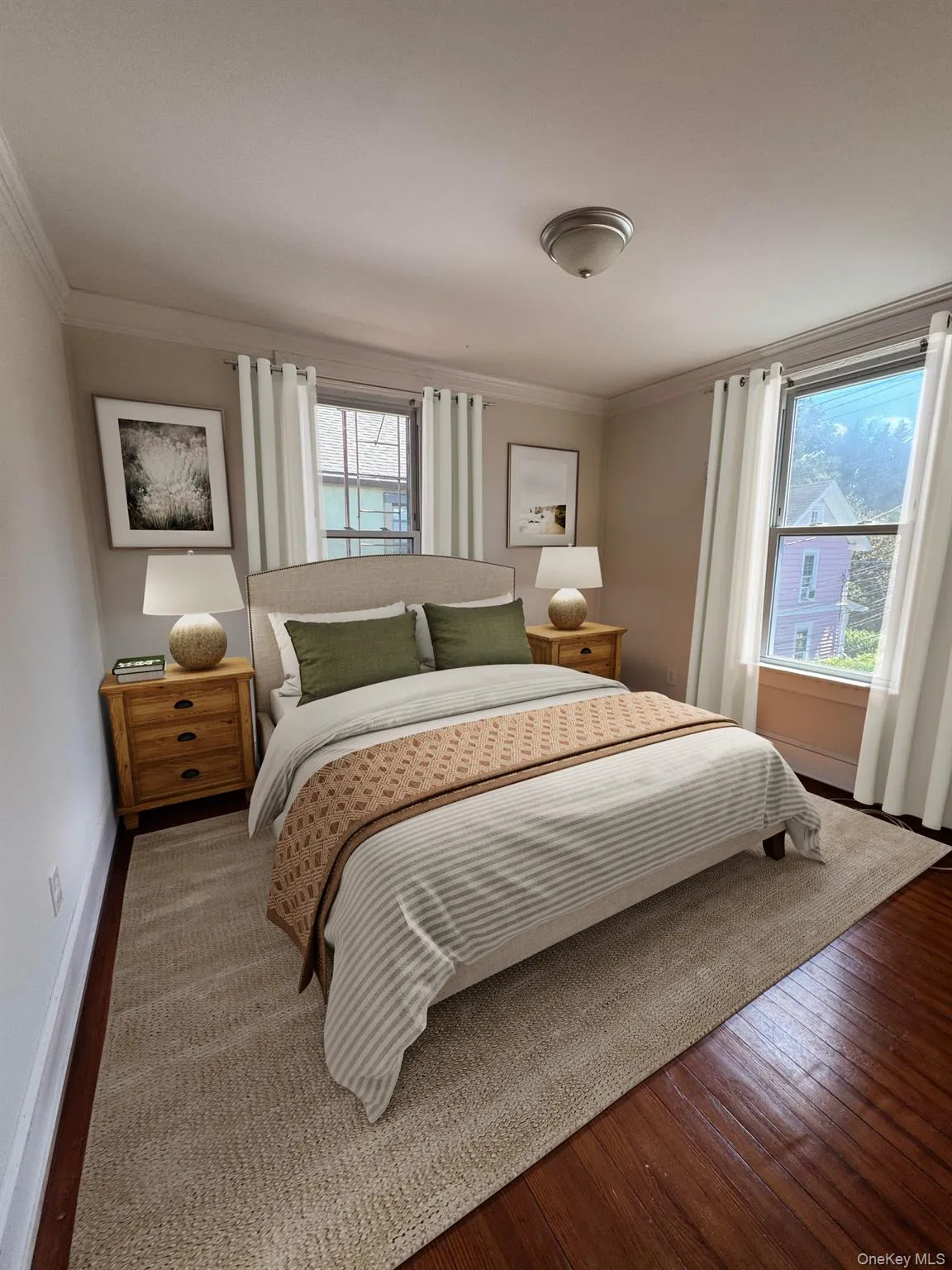 Virtually staged private and quiet bedroom facing the side of the building Virtually staged private and quiet bedroom facing the side of the building