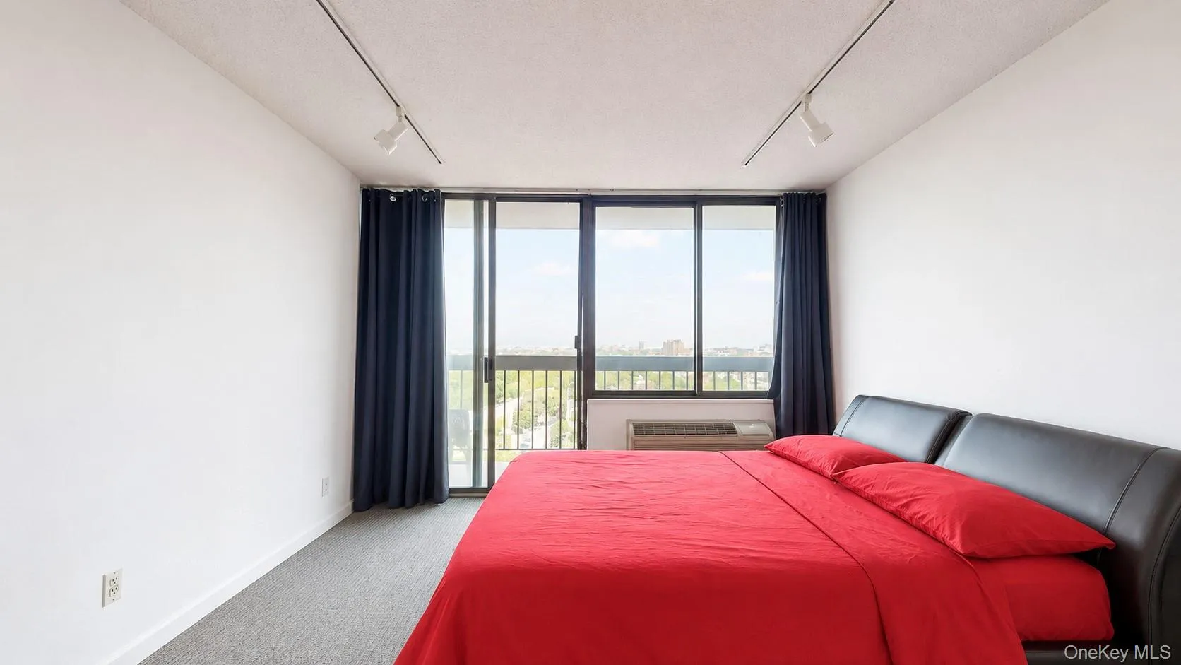 Floor-to-ceiling sliding glass doors, track lighting, and soft gray carpeting Floor-to-ceiling sliding glass doors, track lighting, and soft gray carpeting