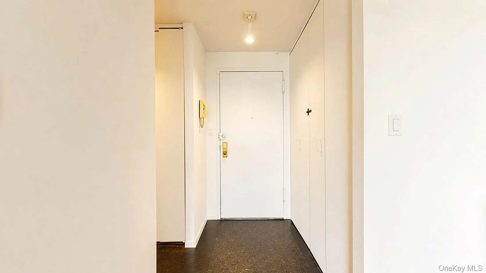 White entry door with brass hardware, dark flooring, and recessed ceiling lighting White entry door with brass hardware, dark flooring, and recessed ceiling lighting