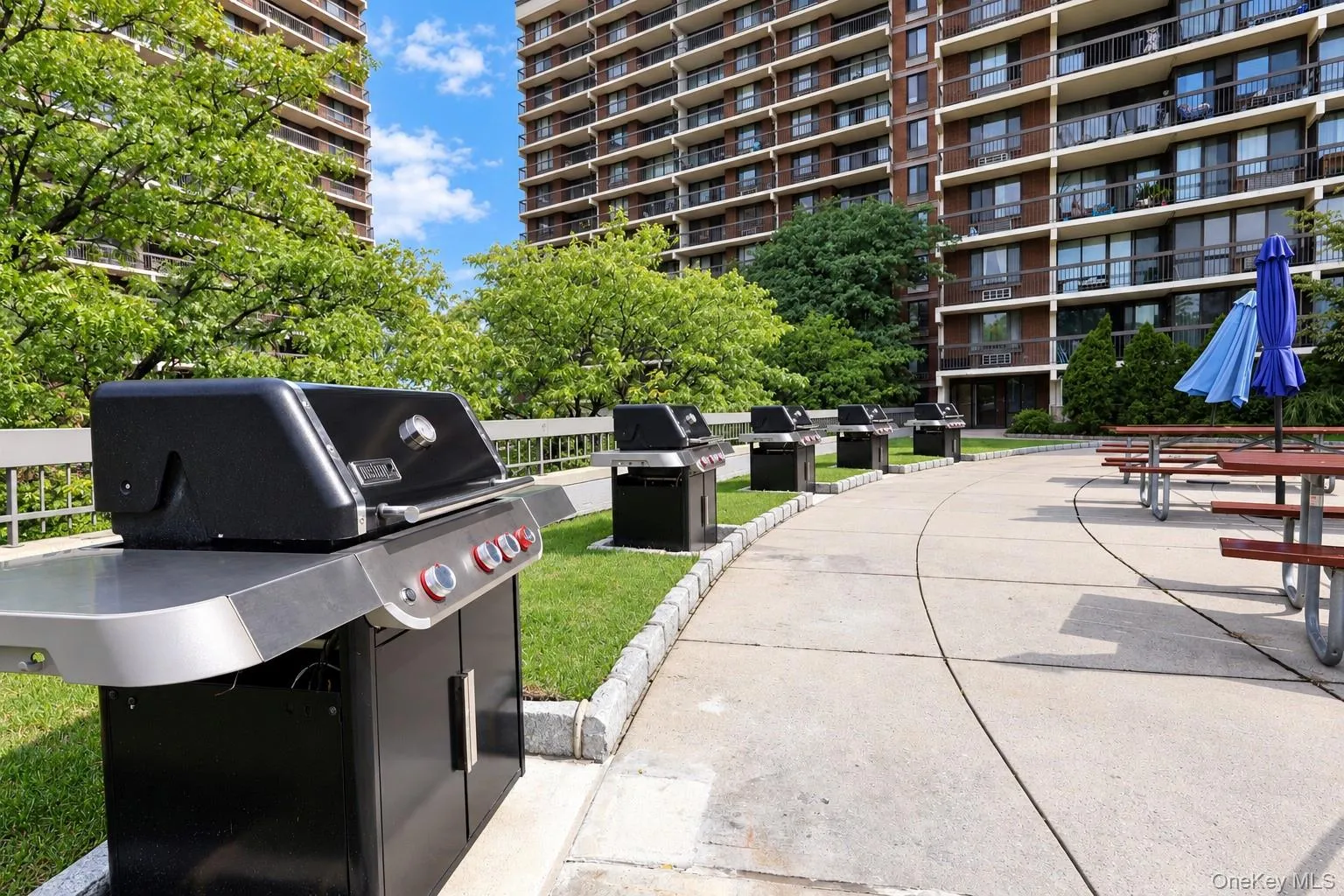 Community courtyard featuring multiple built-in gas grills, concrete hardscaping with defined pathways, mature landscaping with lush greenery, and adjacent high-rise residential buildings with balconies and modern architectural design Community courtyard featuring multiple built-in gas grills, concrete hardscaping with defined pathways, mature landscaping with lush greenery, and adjacent high-rise residential buildings with balconies and modern architectural design