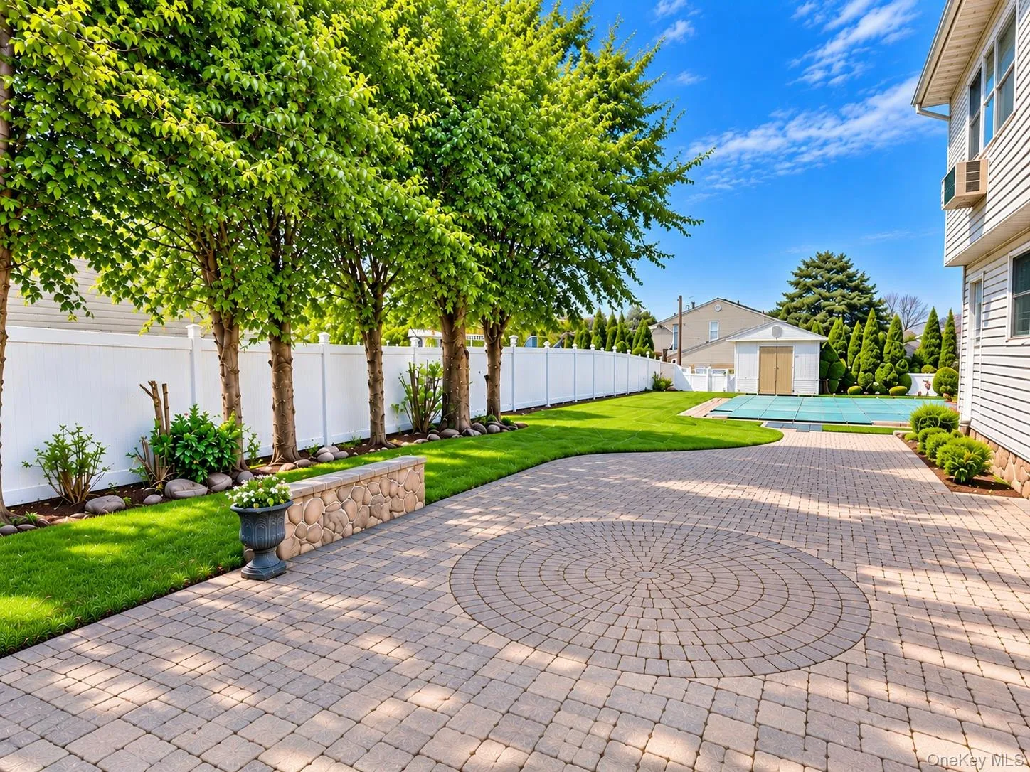 Paver patio with a circular design, manicured lawn, white privacy fencing, and mature trees Paver patio with a circular design, manicured lawn, white privacy fencing, and mature trees