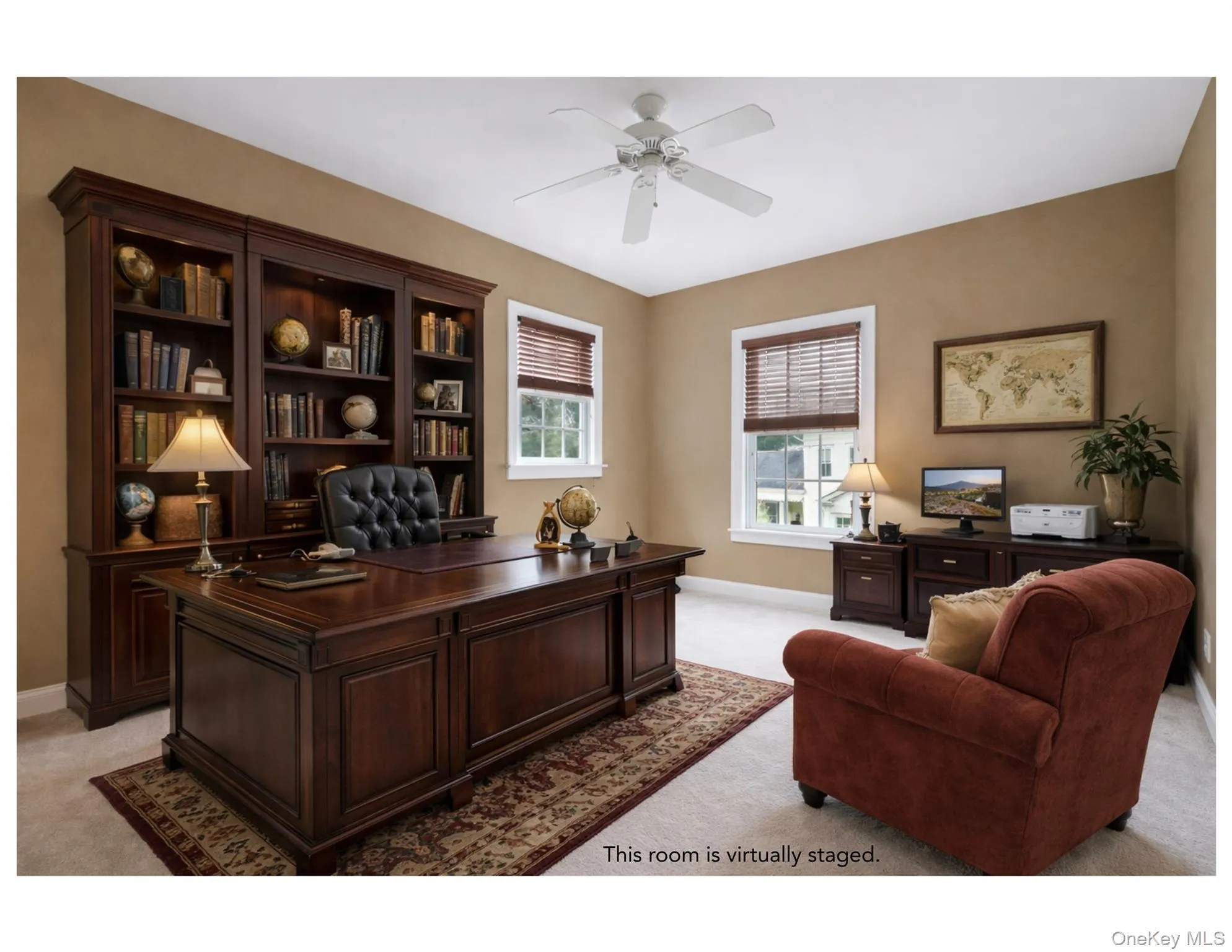 Virtually staged as a home office. Virtually staged as a home office.