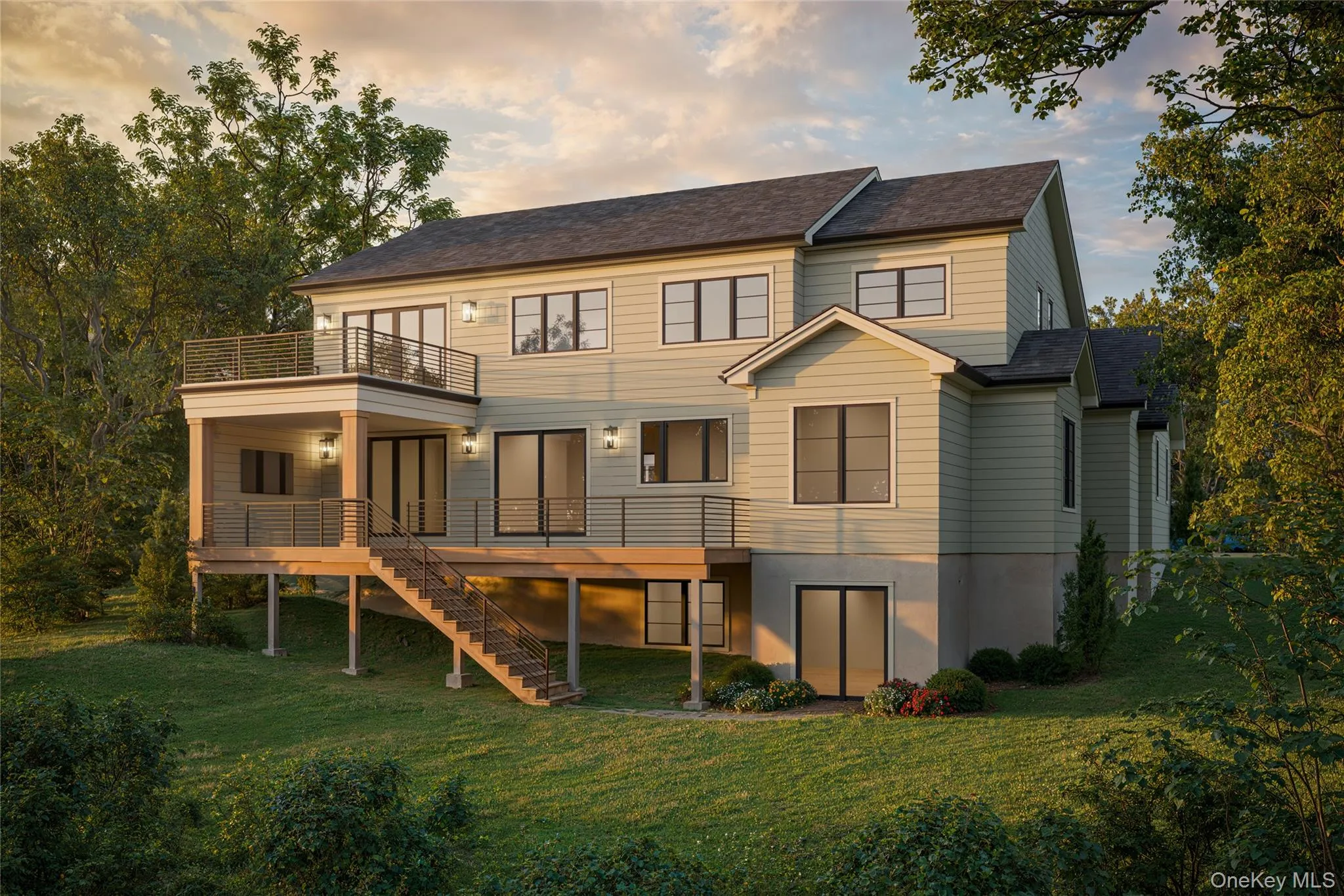 The rear of the home features a bluestone patio, a large deck, a covered porch for watching TV, and a private deck off of the primary suite. All overlooking the beautifully landscaped flat property. The rear of the home features a bluestone patio, a large deck, a covered porch for watching TV, and a private deck off of the primary suite. All overlooking the beautifully landscaped flat property.