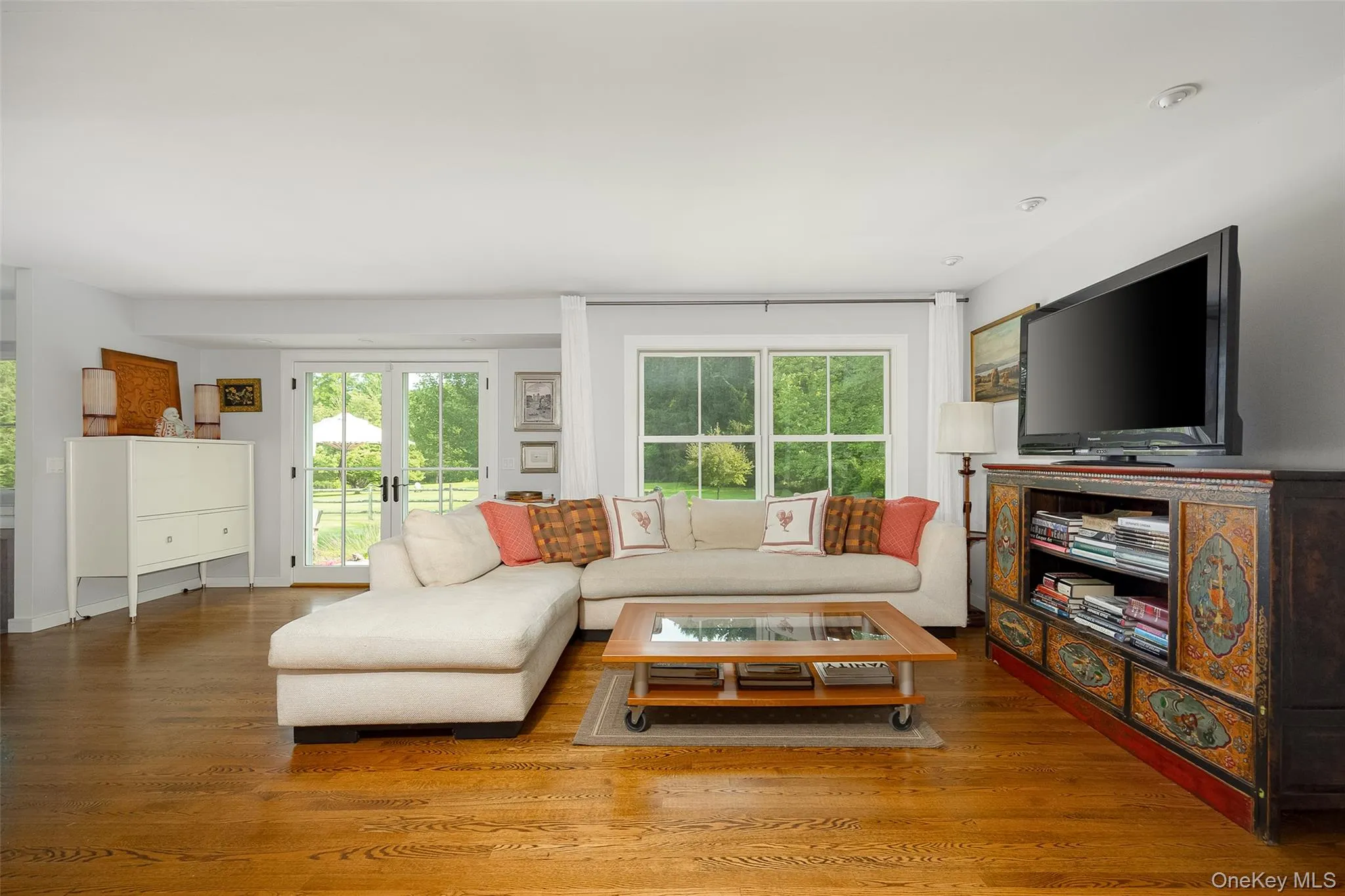 Living room with french doors to deck Living room with french doors to deck