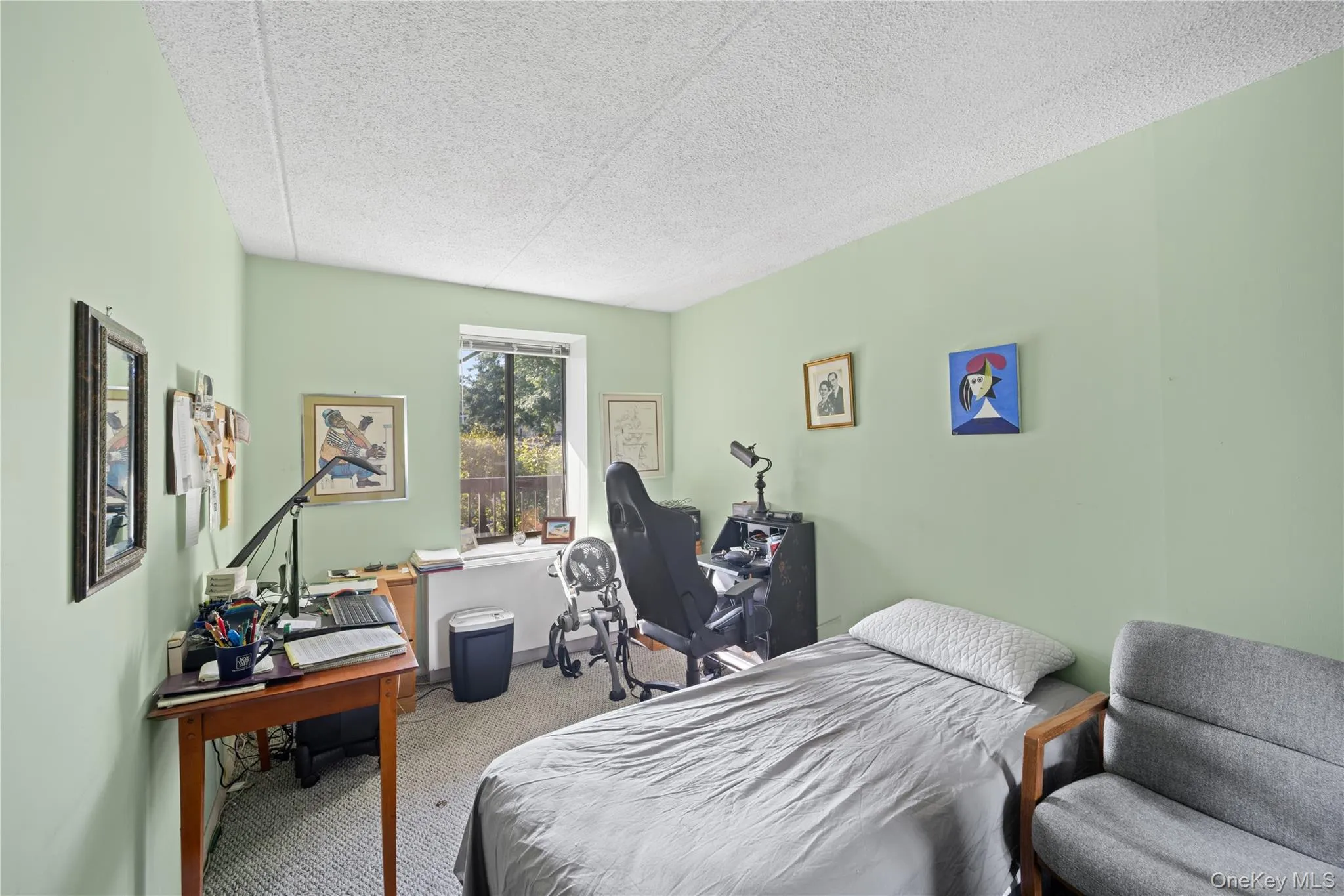 Carpeted flooring, window with exterior exposure, textured ceiling, and painted walls Carpeted flooring, window with exterior exposure, textured ceiling, and painted walls