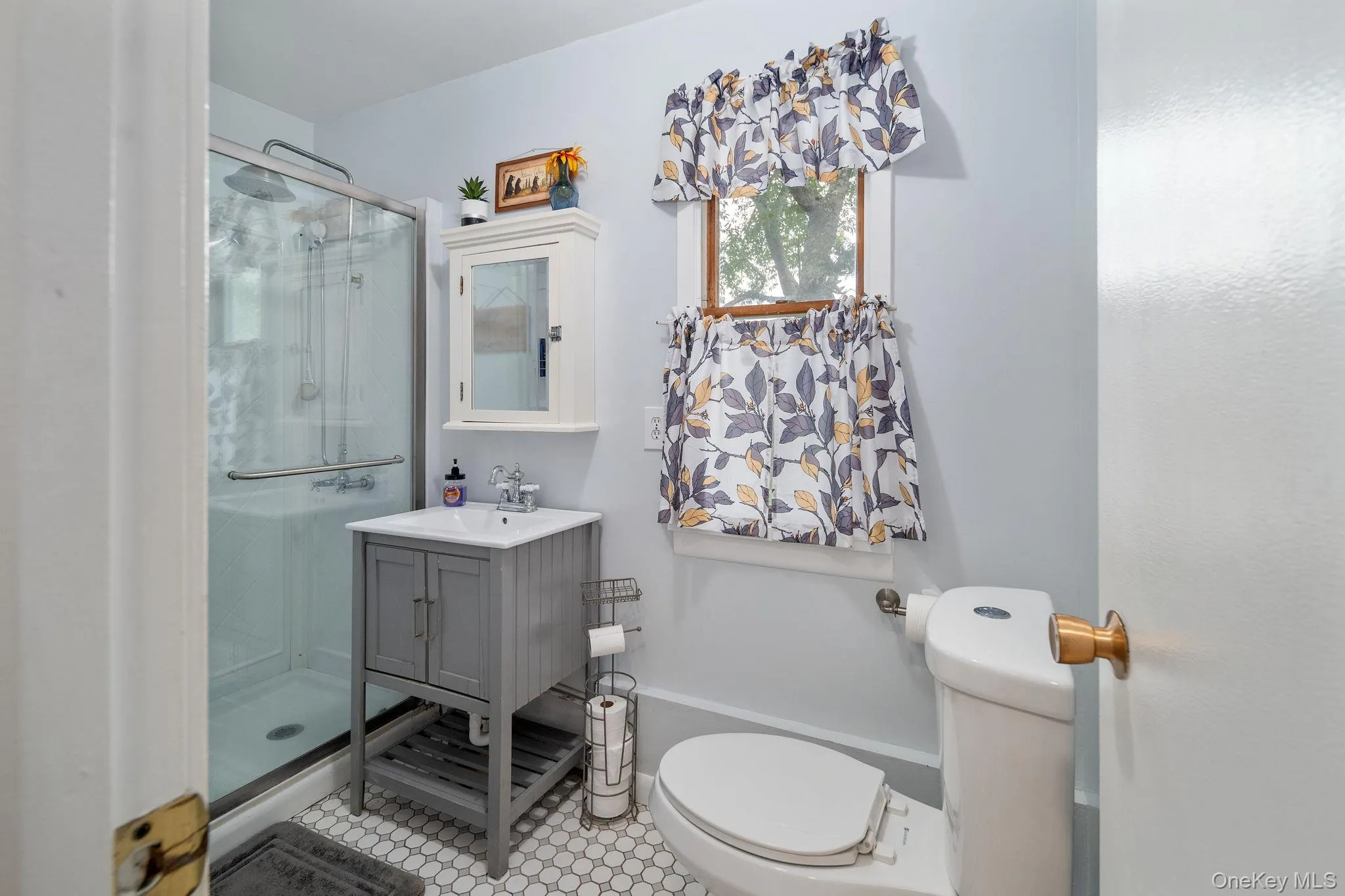 Glass-enclosed shower with chrome fixtures, a single-sink vanity with gray cabinetry, and white hexagonal tile flooring Glass-enclosed shower with chrome fixtures, a single-sink vanity with gray cabinetry, and white hexagonal tile flooring