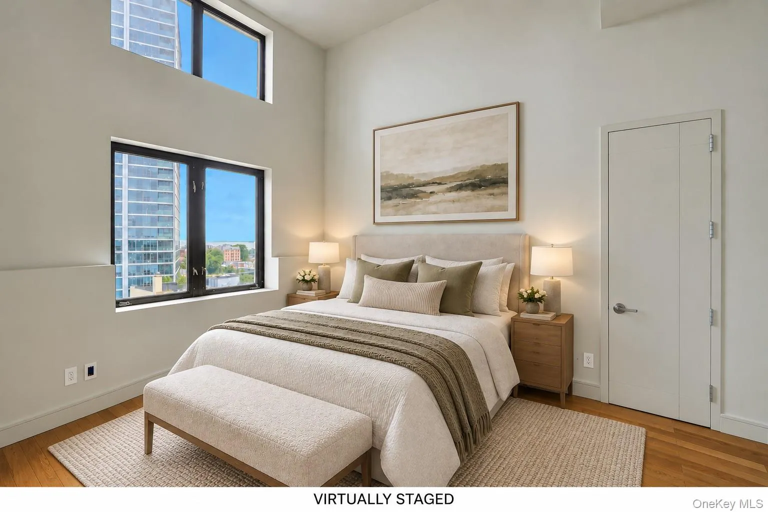 Virtually staged bedroom highlighting the generous proportions and dramatic ceiling height. Virtually staged bedroom highlighting the generous proportions and dramatic ceiling height.