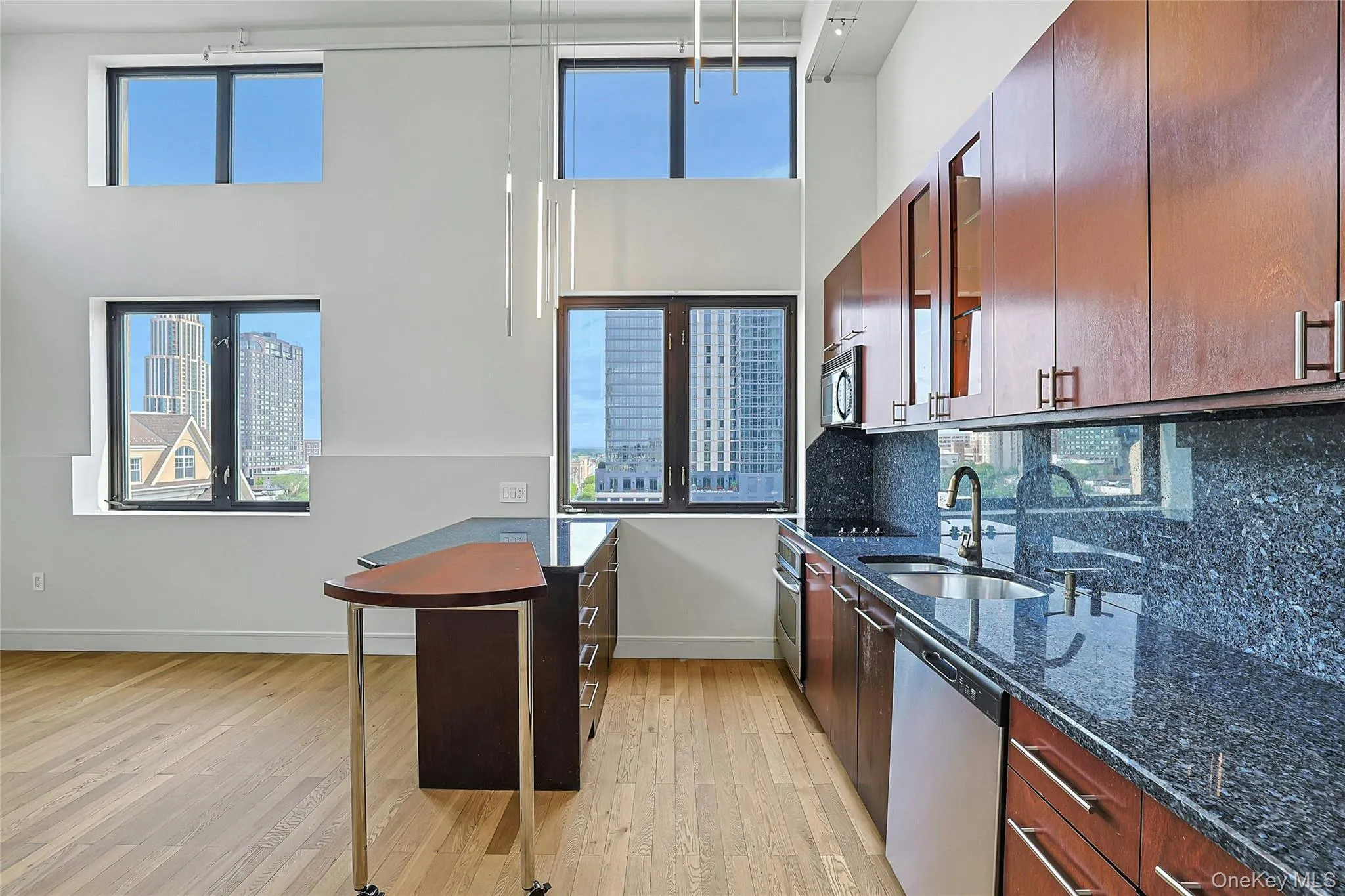 Open-concept kitchen and living space enhanced by dramatic ceiling height and abundant natural light. Open-concept kitchen and living space enhanced by dramatic ceiling height and abundant natural light.