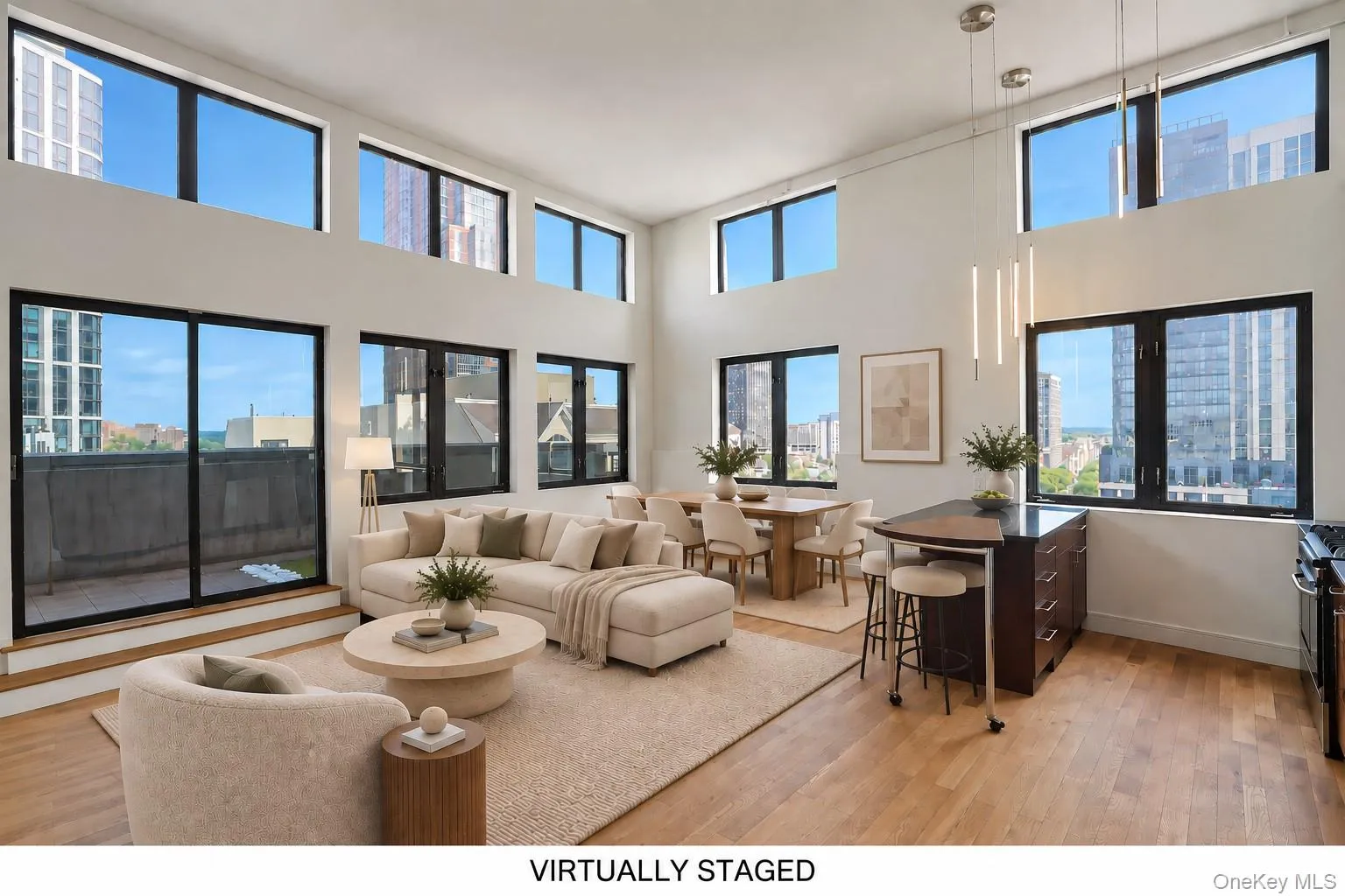 Virtually Staged – Virtually staged living and dining area showcasing the impressive scale and open loft-style layout. Virtually Staged – Virtually staged living and dining area showcasing the impressive scale and open loft-style layout.