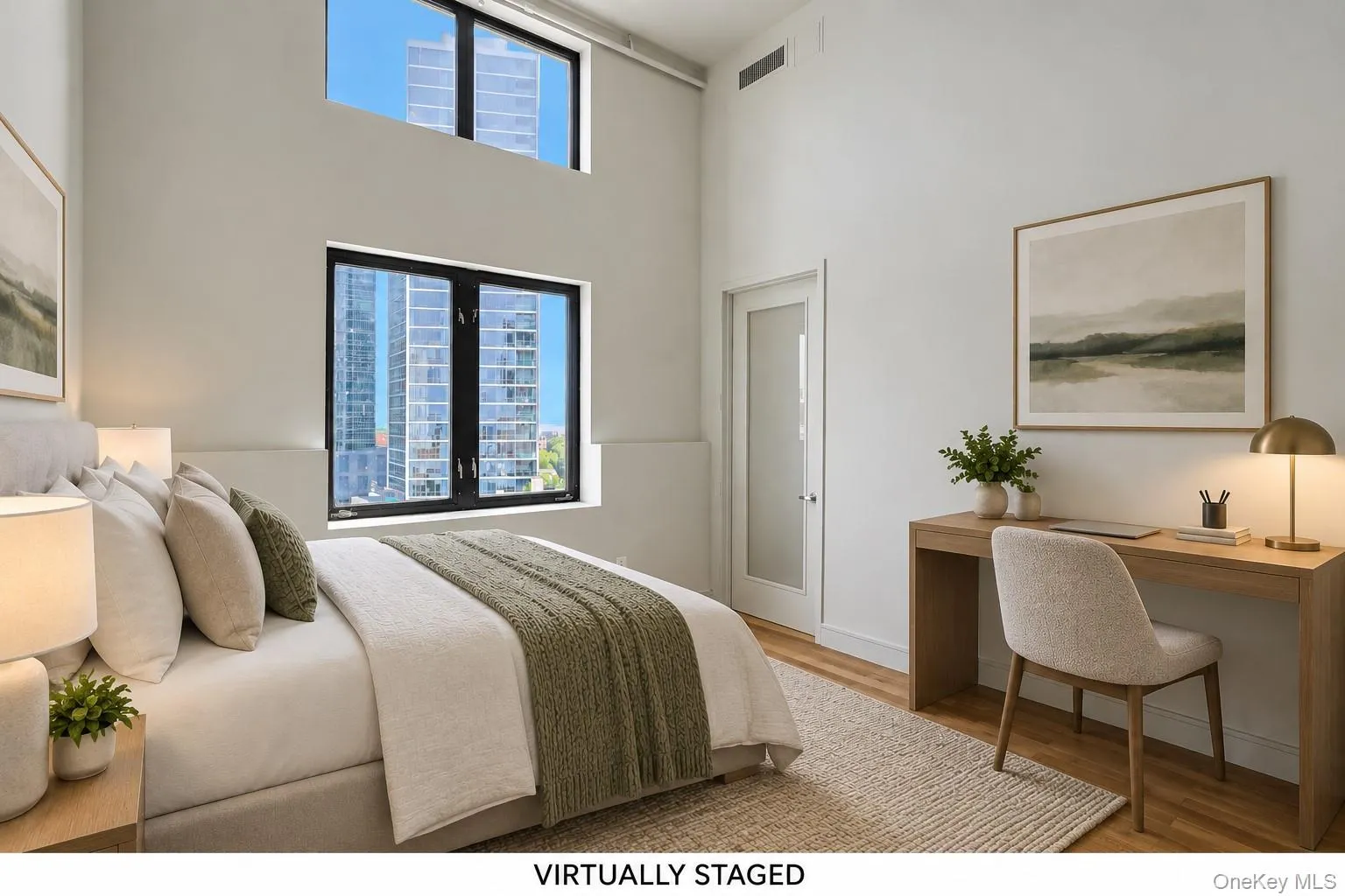 Virtually Staged – Virtually staged to showcase the room as a comfortable bedroom with a dedicated home office area. Virtually Staged – Virtually staged to showcase the room as a comfortable bedroom with a dedicated home office area.