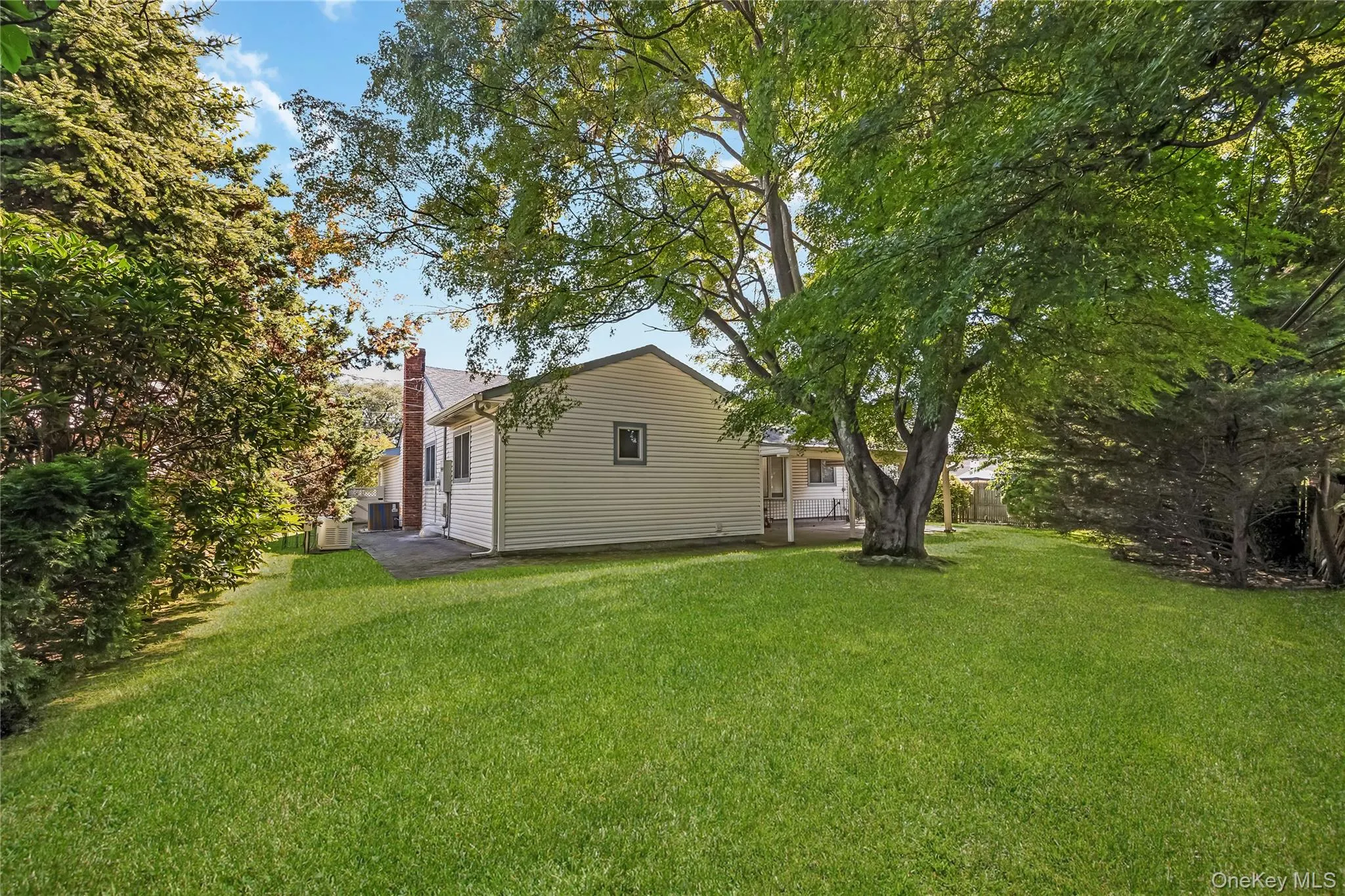 Beautiful yard with mature trees and covered patio. Grass virtually enhanced Beautiful yard with mature trees and covered patio. Grass virtually enhanced