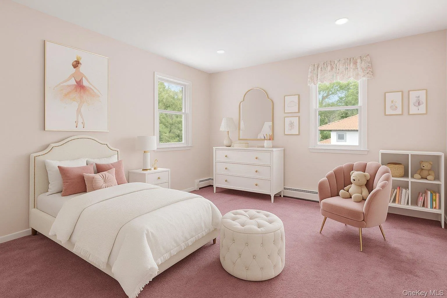 Carpeted bedroom with baseboard heating and recessed lighting Carpeted bedroom with baseboard heating and recessed lighting