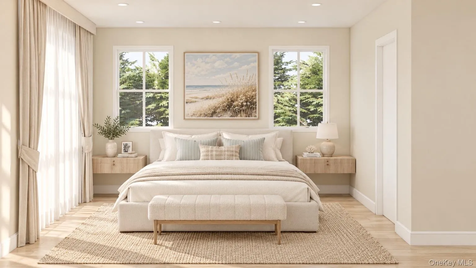 Wood-finish flooring with recessed lighting, two sash windows, and light-toned walls Wood-finish flooring with recessed lighting, two sash windows, and light-toned walls