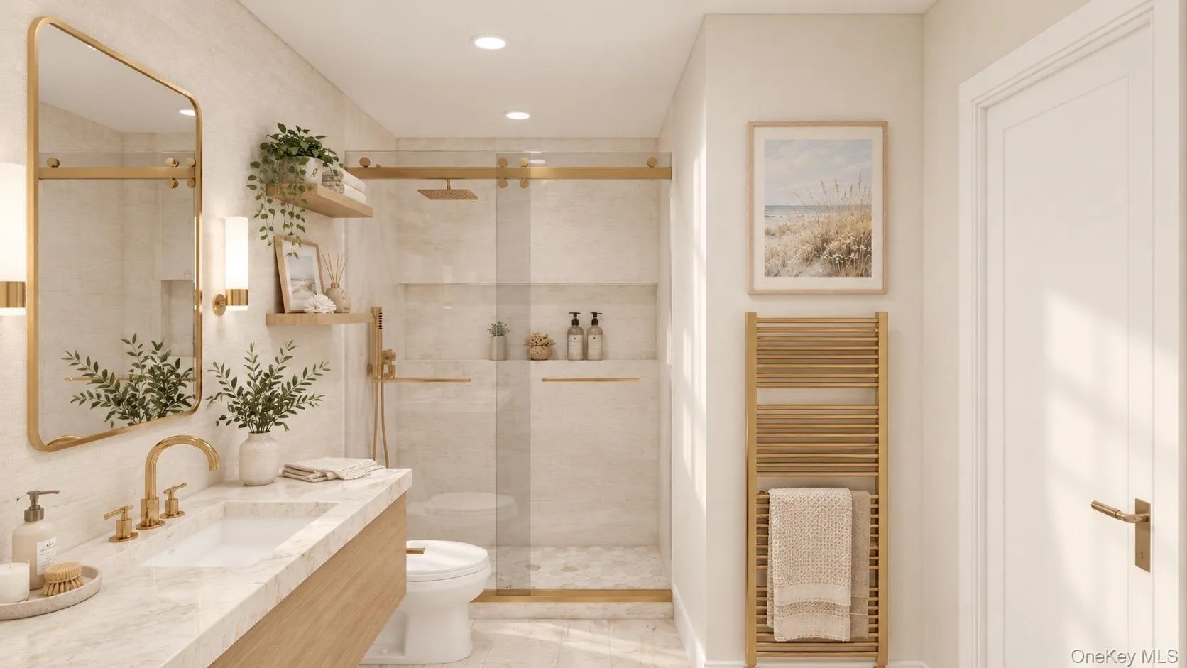 Vanity with stone countertop and integrated sink, gold-finish faucet, and rectangular mirror Vanity with stone countertop and integrated sink, gold-finish faucet, and rectangular mirror