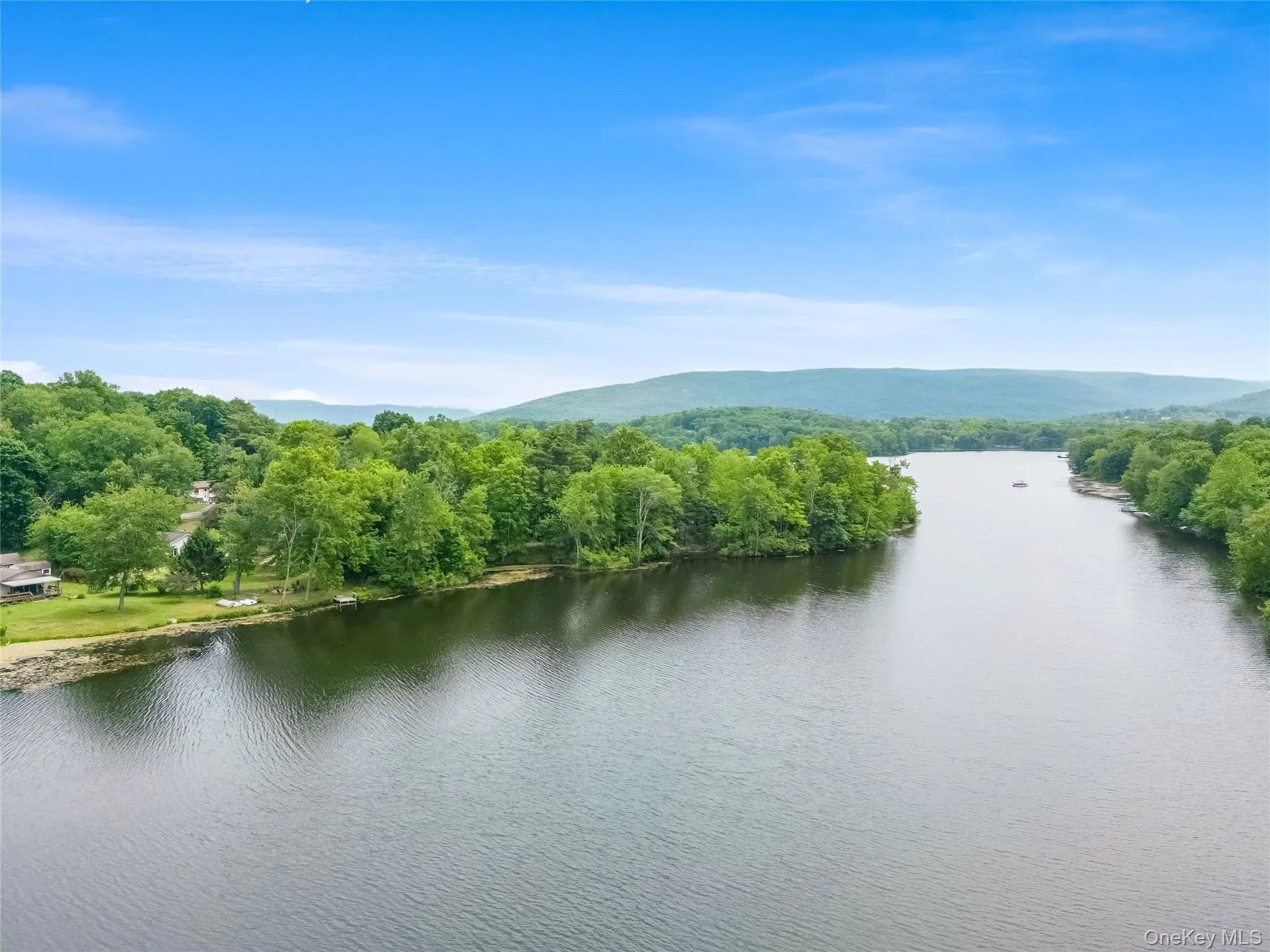 Expansive waterfront parcel featuring mature trees, a tranquil body of water, and distant rolling hills Expansive waterfront parcel featuring mature trees, a tranquil body of water, and distant rolling hills