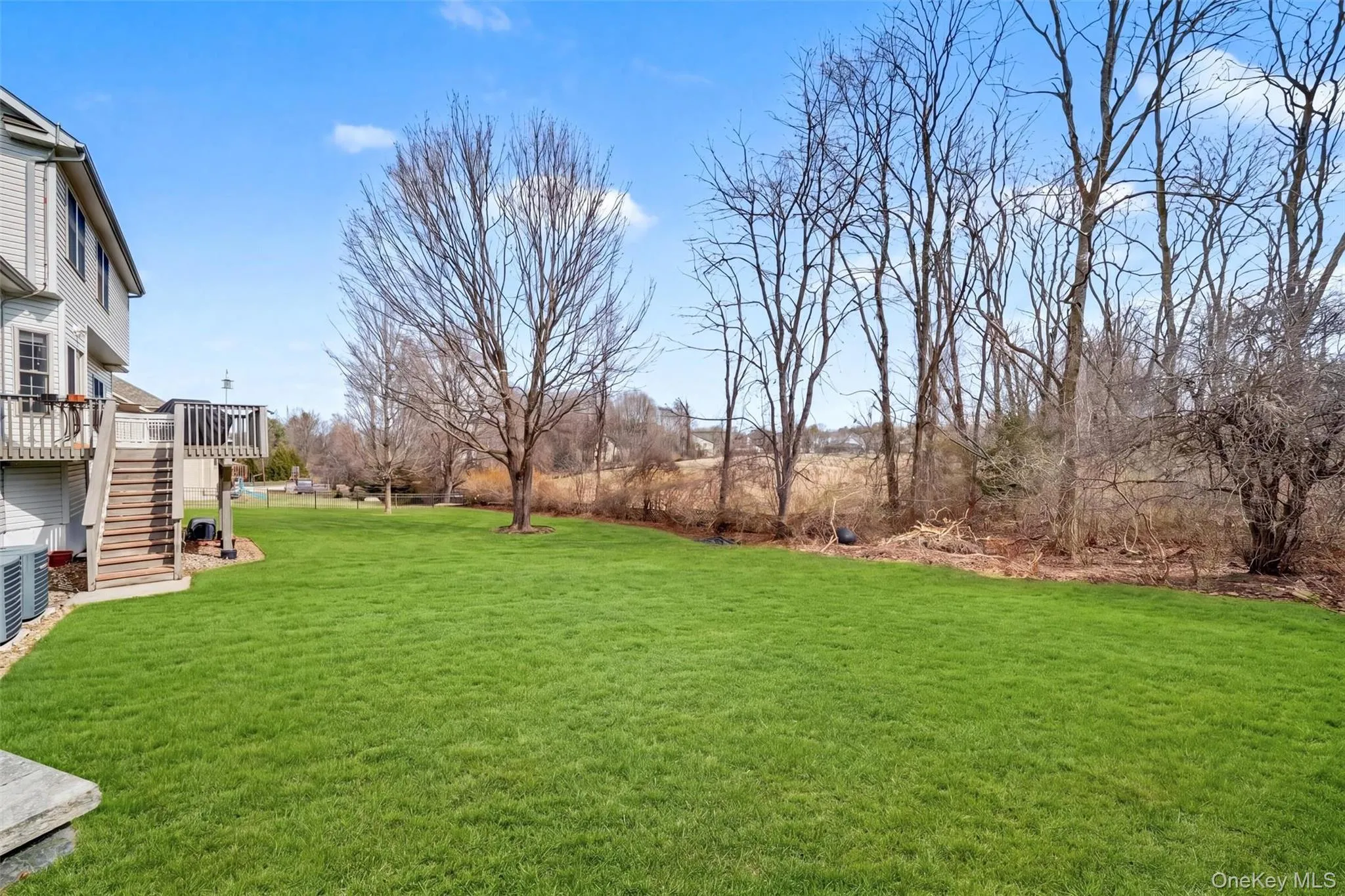 Expansive green lawn with mature trees and a wooded boundary Expansive green lawn with mature trees and a wooded boundary