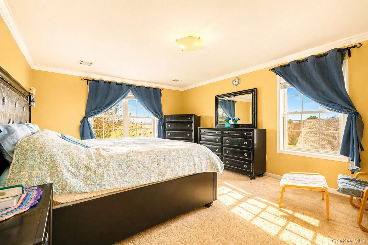 Carpeted bedroom featuring multiple windows with natural outdoor scenery Carpeted bedroom featuring multiple windows with natural outdoor scenery