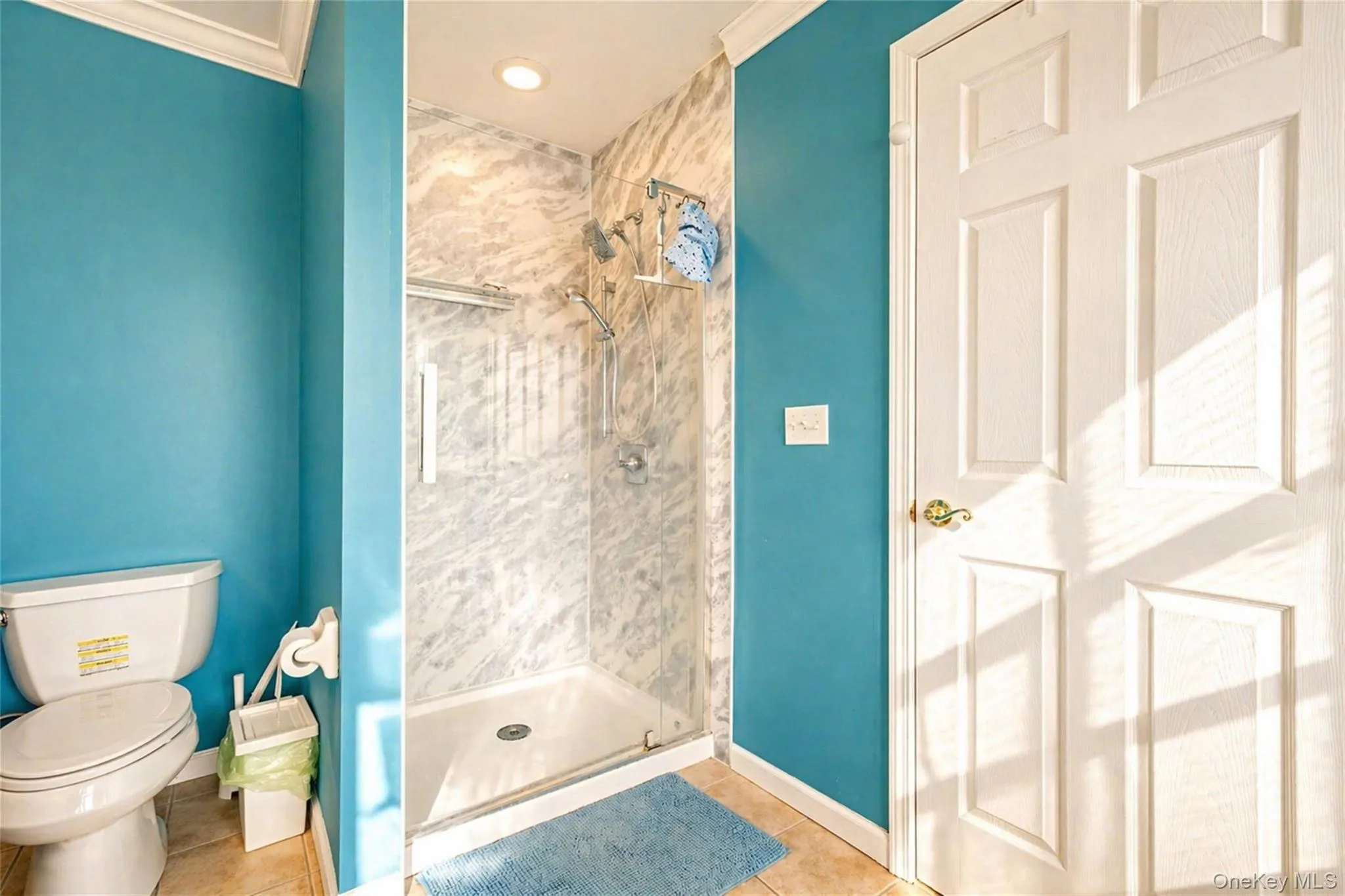 Shower enclosure with frameless glass door, marble-patterned wall panels, and a built-in recessed light Shower enclosure with frameless glass door, marble-patterned wall panels, and a built-in recessed light