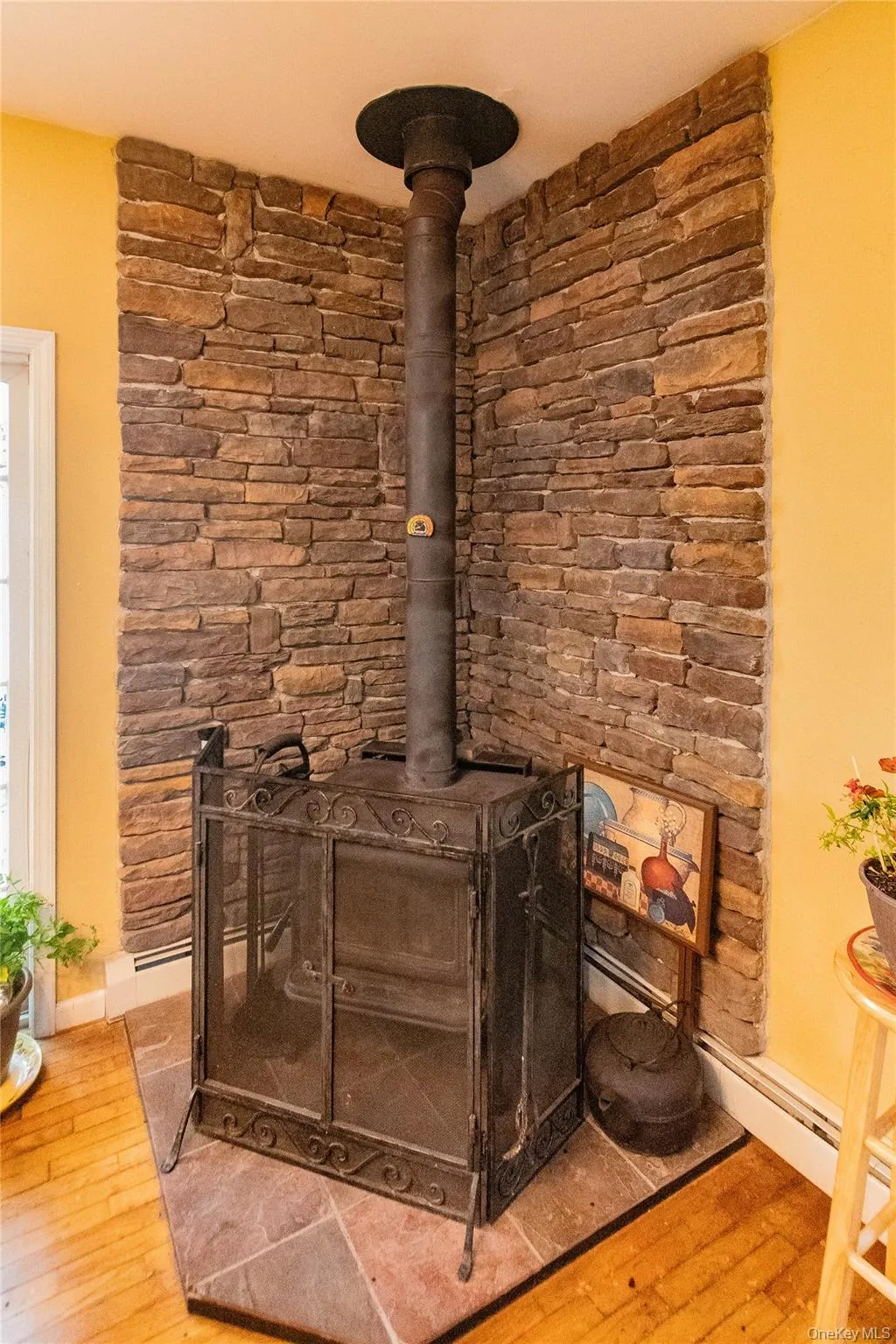 Detailed view of wood finished floors, a wood stove, and a baseboard radiator Detailed view of wood finished floors, a wood stove, and a baseboard radiator