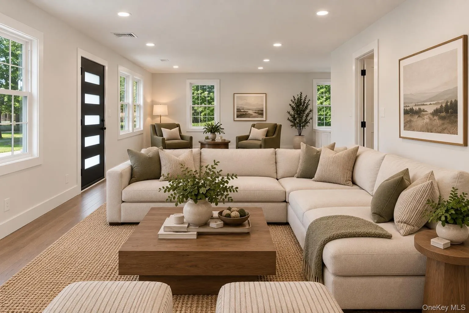 Recessed lighting, wood-finish flooring, multiple windows, a modern paneled door, and neutral wall tones Recessed lighting, wood-finish flooring, multiple windows, a modern paneled door, and neutral wall tones