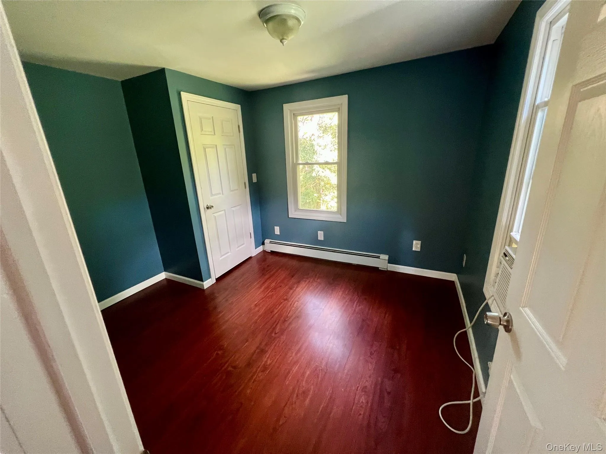Wood-finish flooring, white trim, and a ceiling-mounted light fixture Wood-finish flooring, white trim, and a ceiling-mounted light fixture