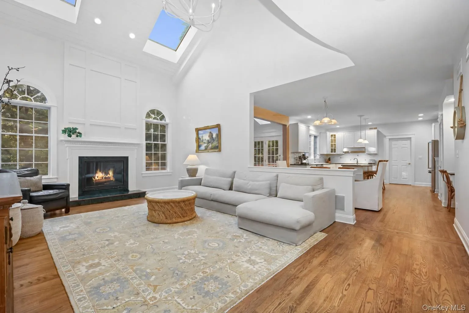 The family room is open from the kitchen. The soaring ceiling and two skylights bring in natural light. The family room is open from the kitchen. The soaring ceiling and two skylights bring in natural light.