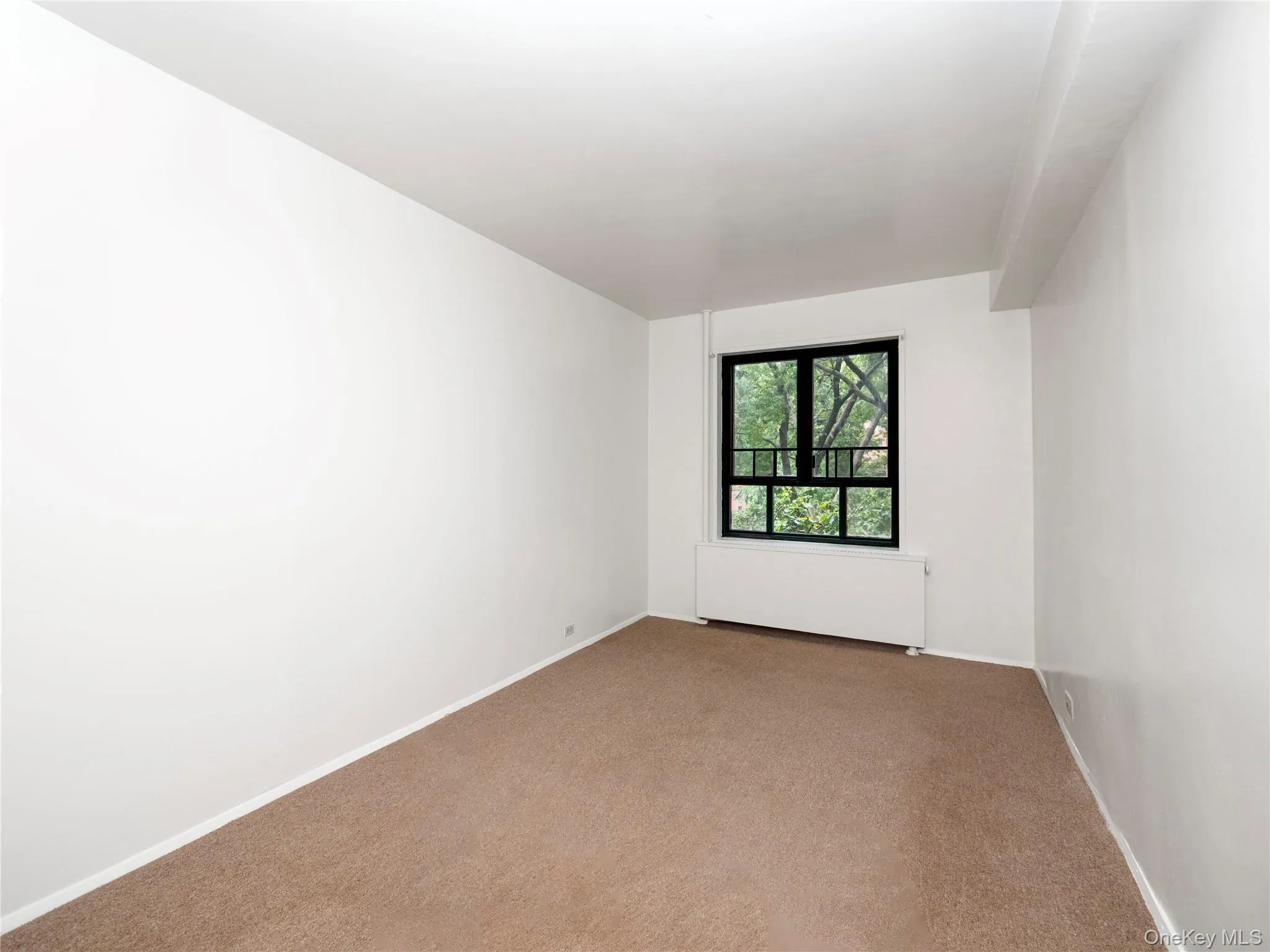 Carpeted room with white walls, a black-framed window with security bars, and a white heater unit Carpeted room with white walls, a black-framed window with security bars, and a white heater unit