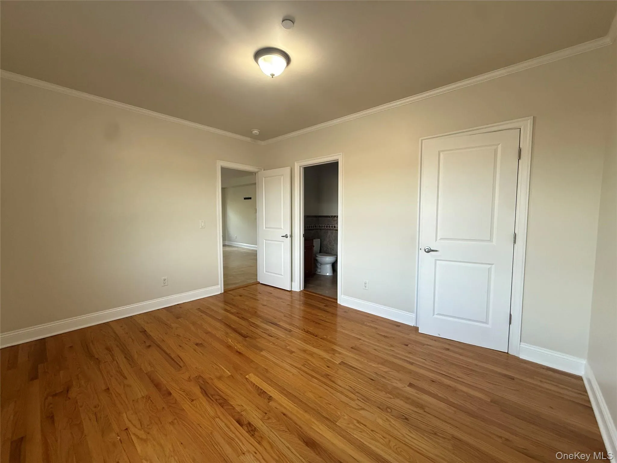 View from bedroom into living space with closet on right and bathroom on left View from bedroom into living space with closet on right and bathroom on left