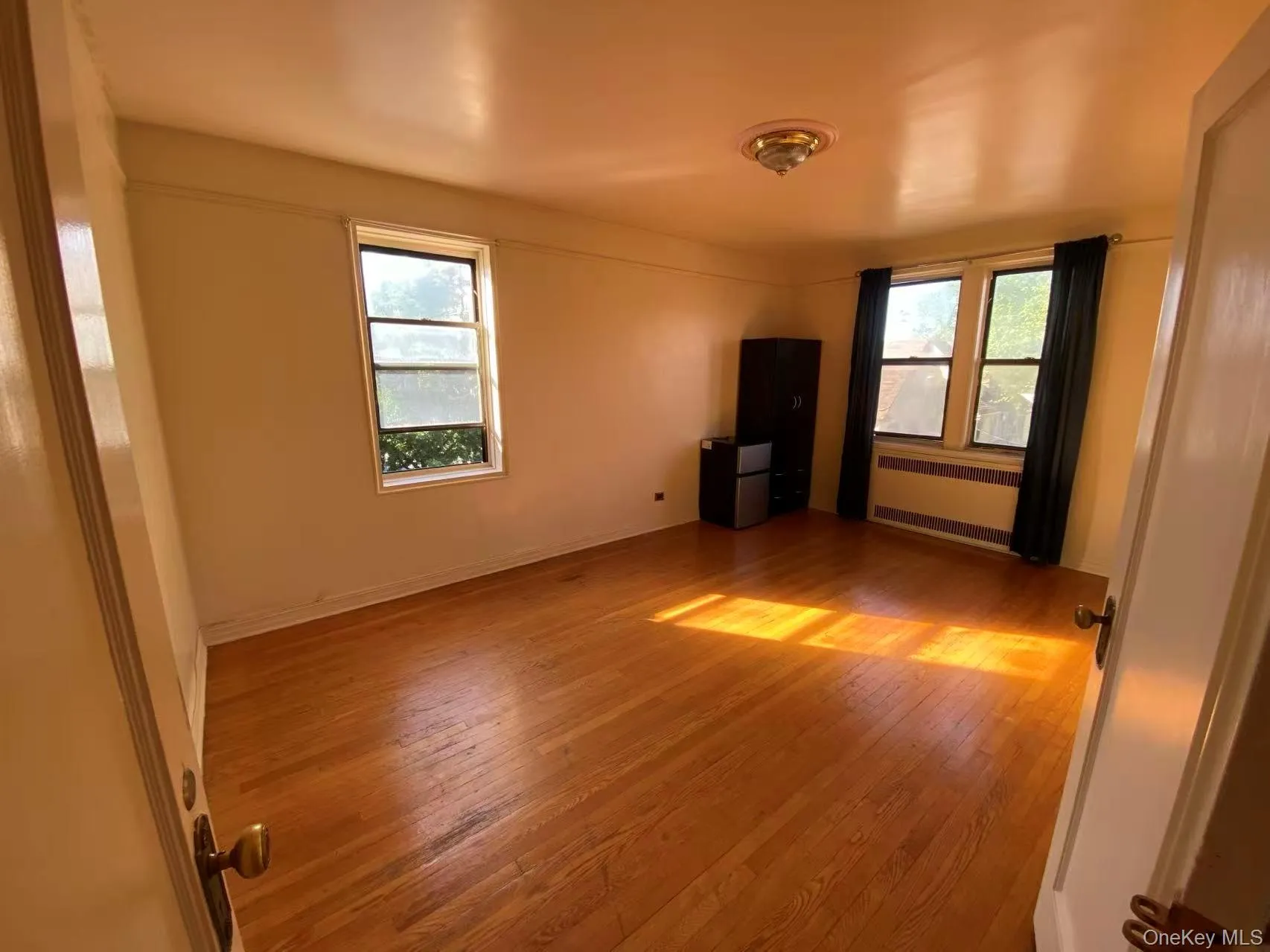 Unfurnished living room with radiator, light wood-style flooring, and plenty of natural light Unfurnished living room with radiator, light wood-style flooring, and plenty of natural light
