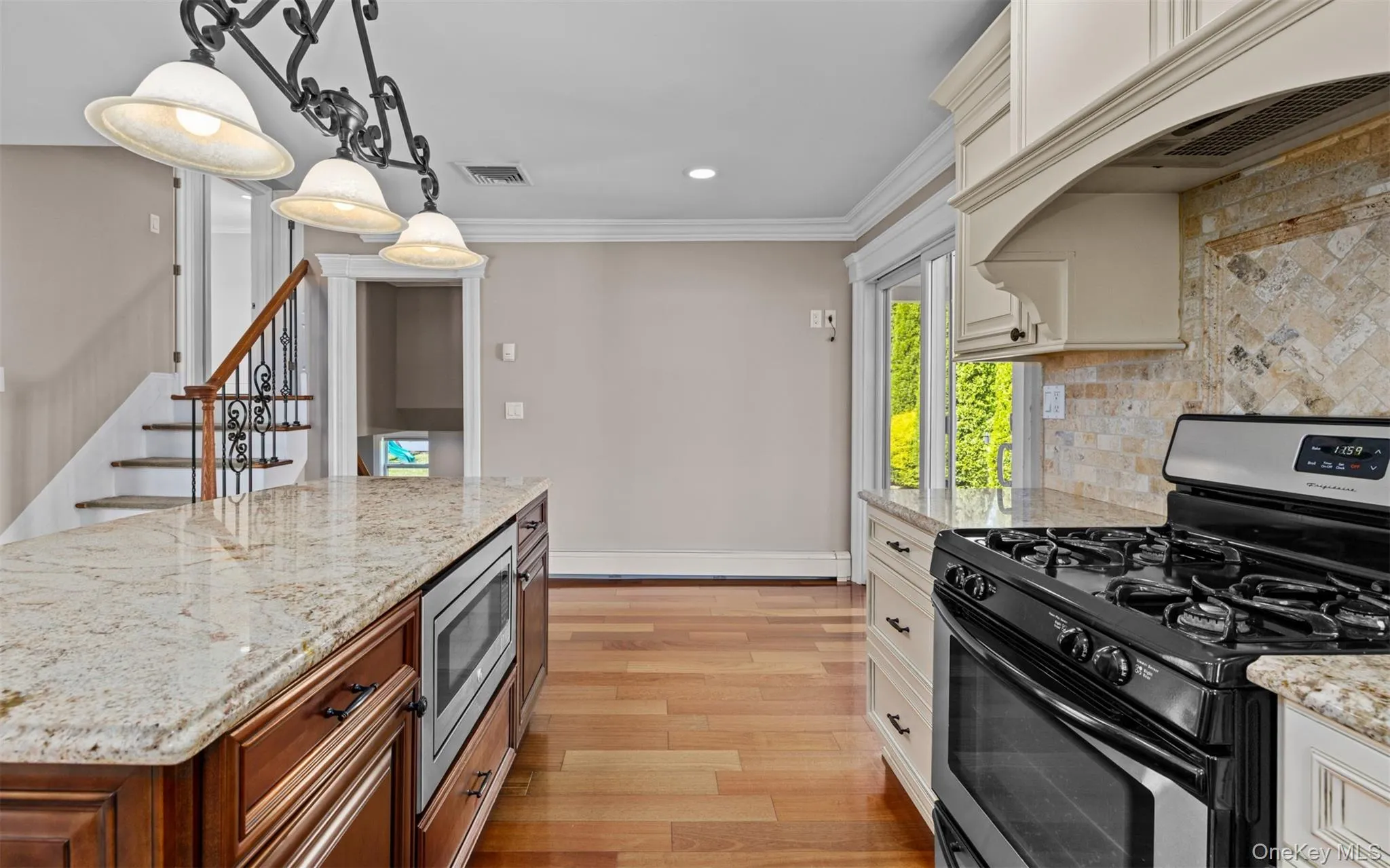 Gourmet kitchen with granite countertops, stainless steel appliances, built-in microwave, and wood-finish flooring Gourmet kitchen with granite countertops, stainless steel appliances, built-in microwave, and wood-finish flooring