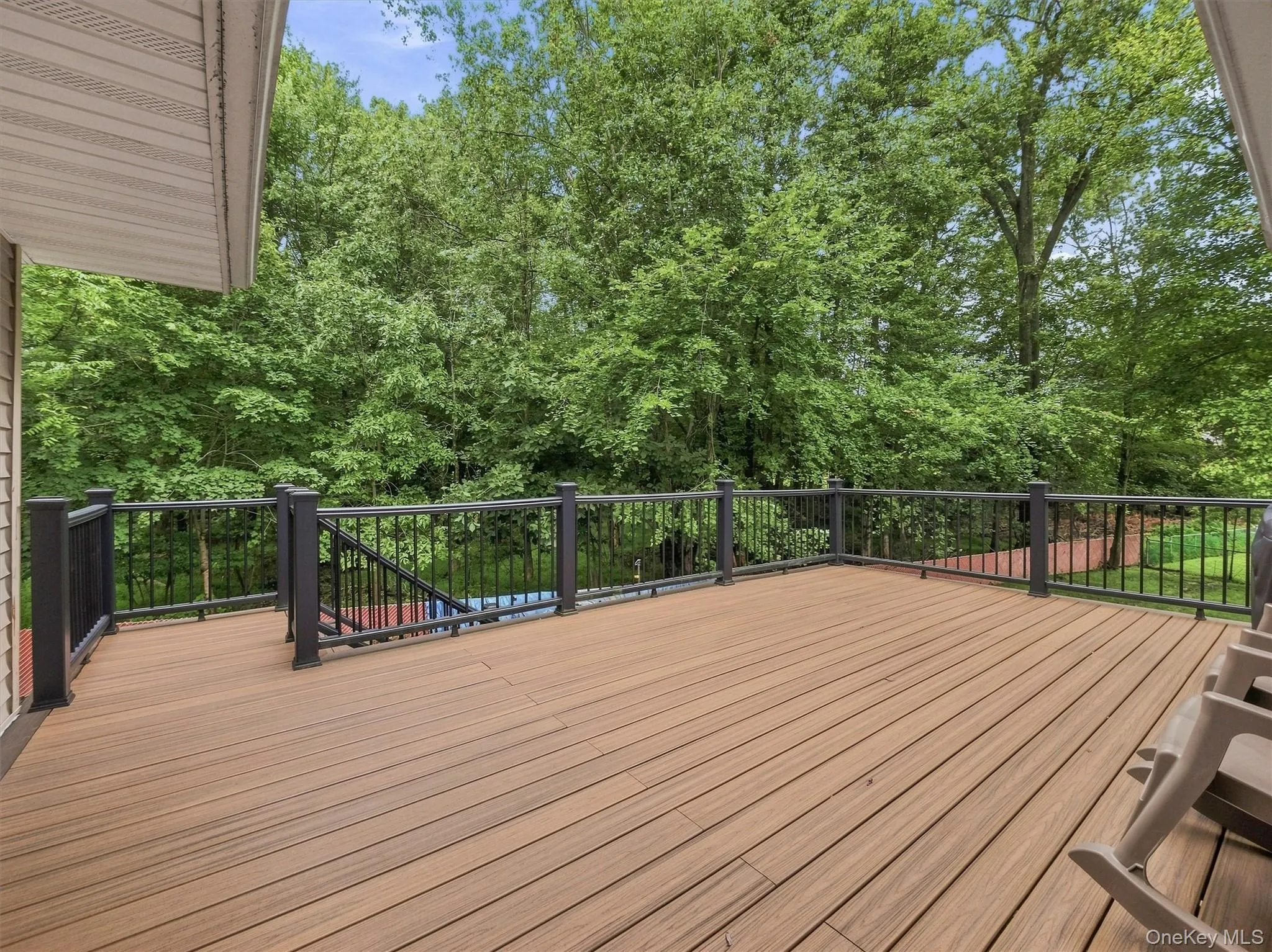 Expansive wood-finish deck with dark railing, surrounded by mature trees Expansive wood-finish deck with dark railing, surrounded by mature trees