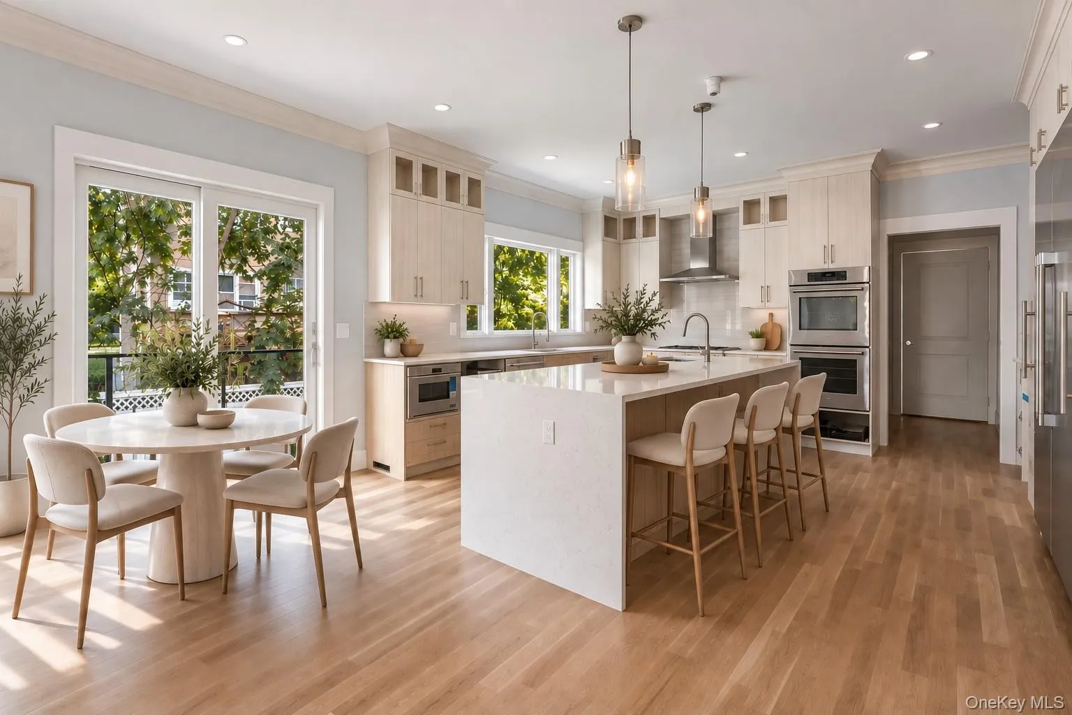Virtually staged kitchen to show seating option. Virtually staged kitchen to show seating option.