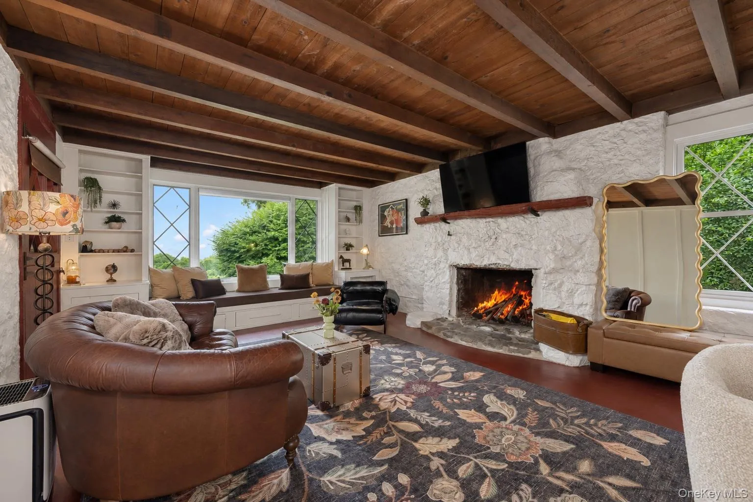 Cottage Living Room with Fireplace and Window Seat Cottage Living Room with Fireplace and Window Seat